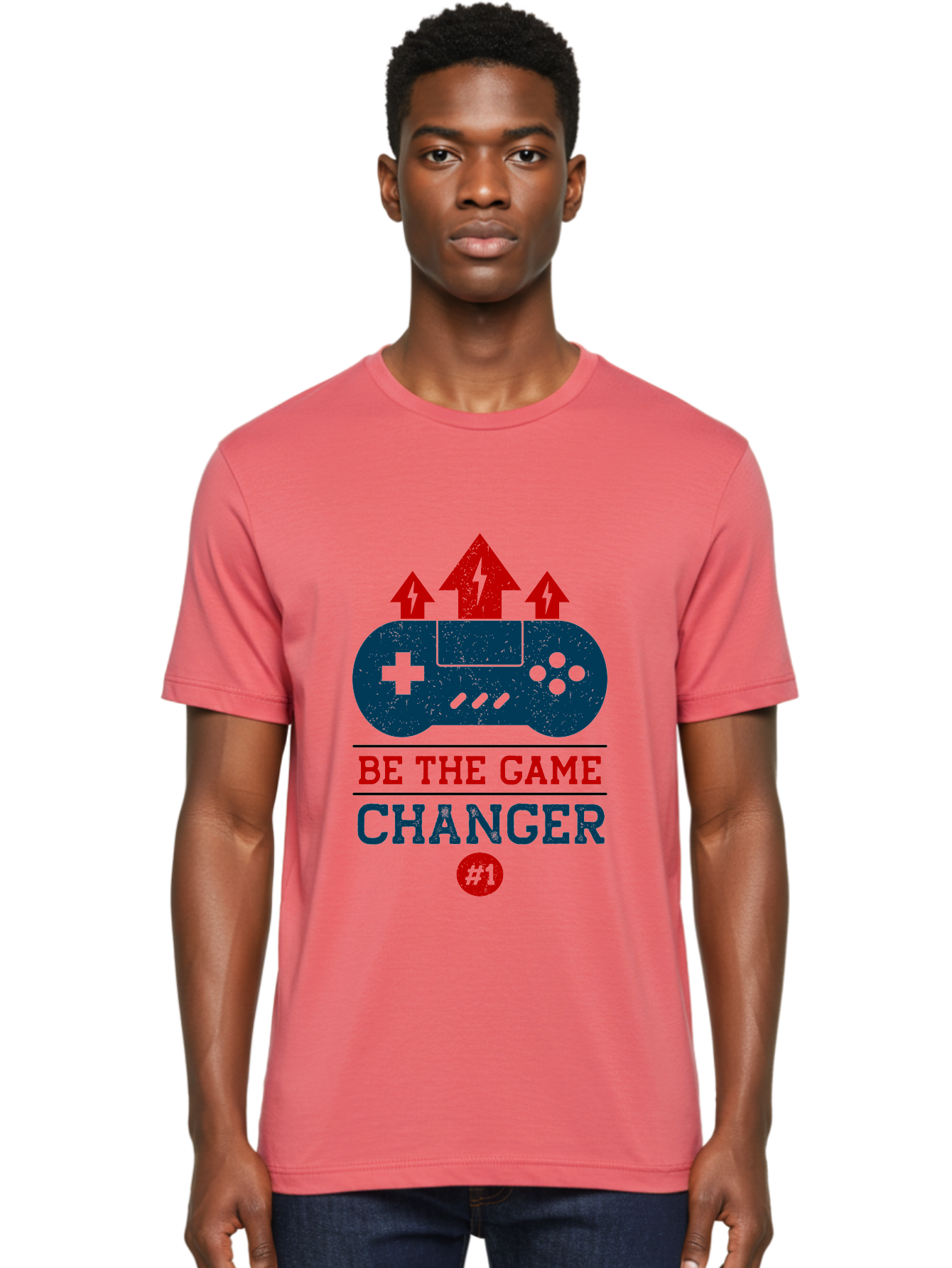 Be-The-Game-Changer Men'S Graphic Tee, 100% Cotton, Comfortable Casual Summer Wear, Machine Washable, Gaming Inspiration, Motivational Quote, Game Changer, Video Game Controller, Red And Blue Colors, Arrows Pointing Up, Positive Energy, - Aaa620