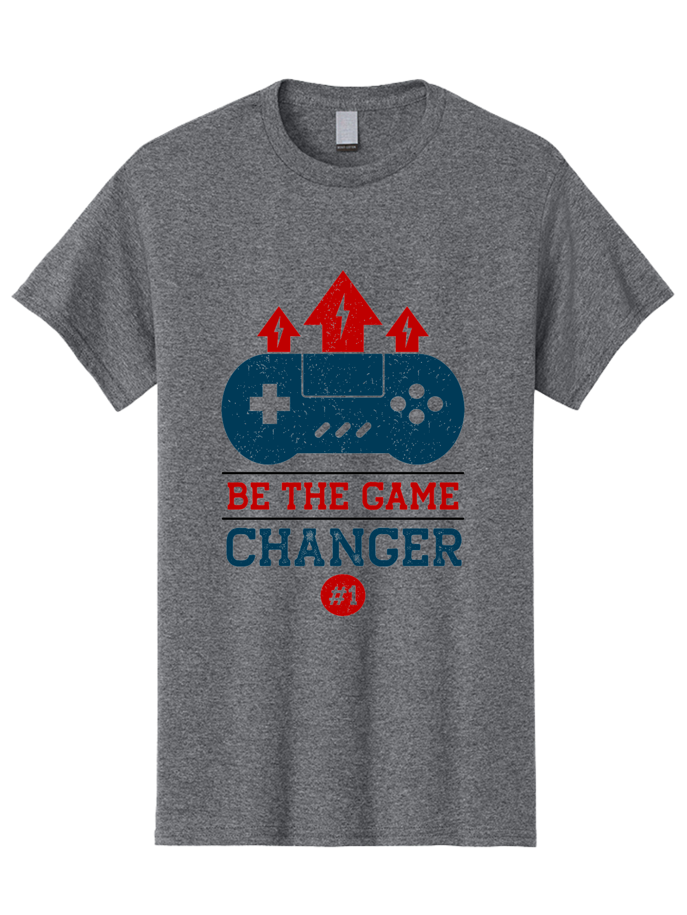 Be-The-Game-Changer Men'S Graphic Tee, 100% Cotton, Comfortable Casual Summer Wear, Machine Washable, Gaming Inspiration, Motivational Quote, Game Changer, Video Game Controller, Red And Blue Colors, Arrows Pointing Up, Positive Energy, - Aaa620