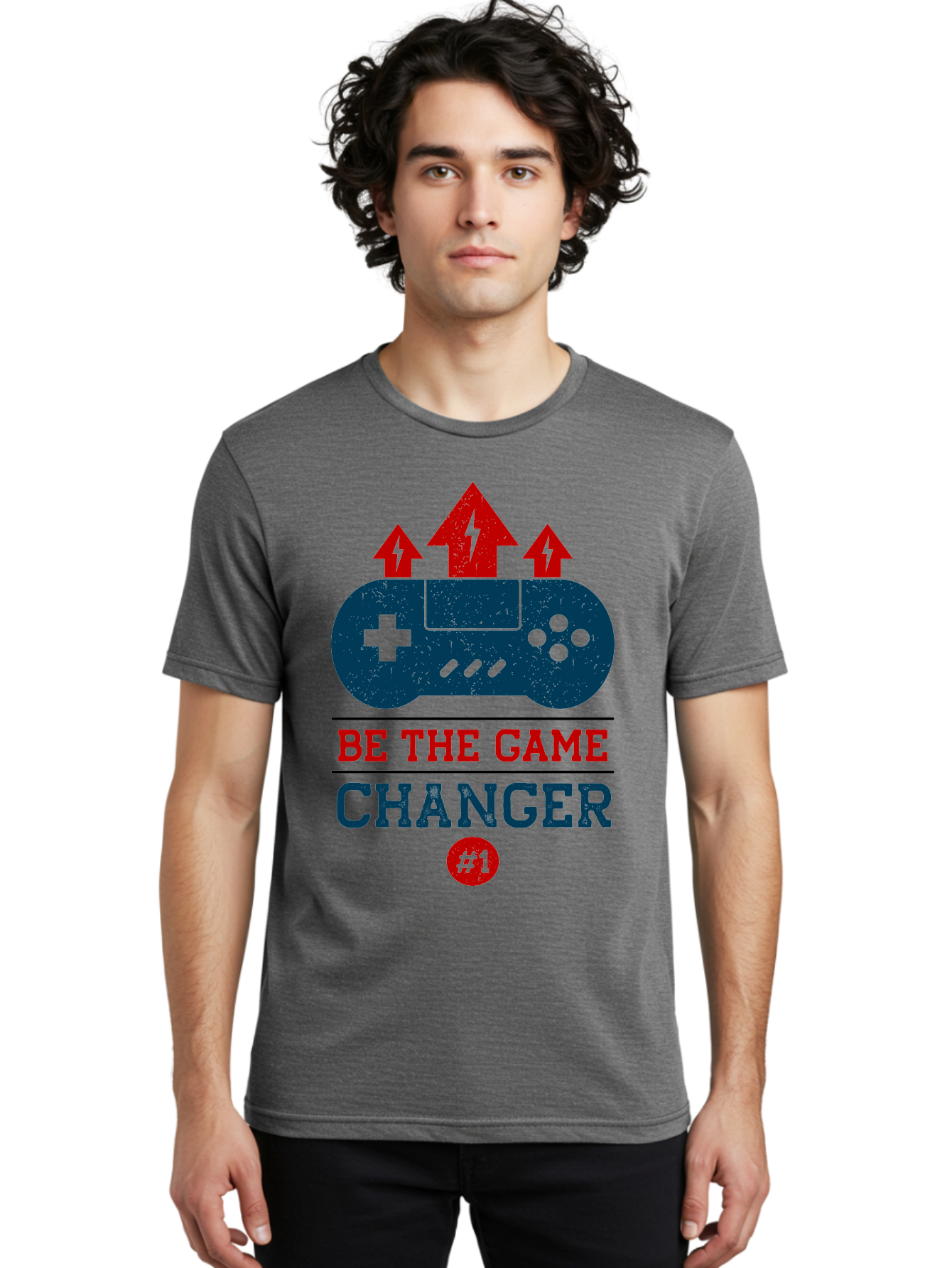 Be-The-Game-Changer Men'S Graphic Tee, 100% Cotton, Comfortable Casual Summer Wear, Machine Washable, Gaming Inspiration, Motivational Quote, Game Changer, Video Game Controller, Red And Blue Colors, Arrows Pointing Up, Positive Energy, - Aaa620