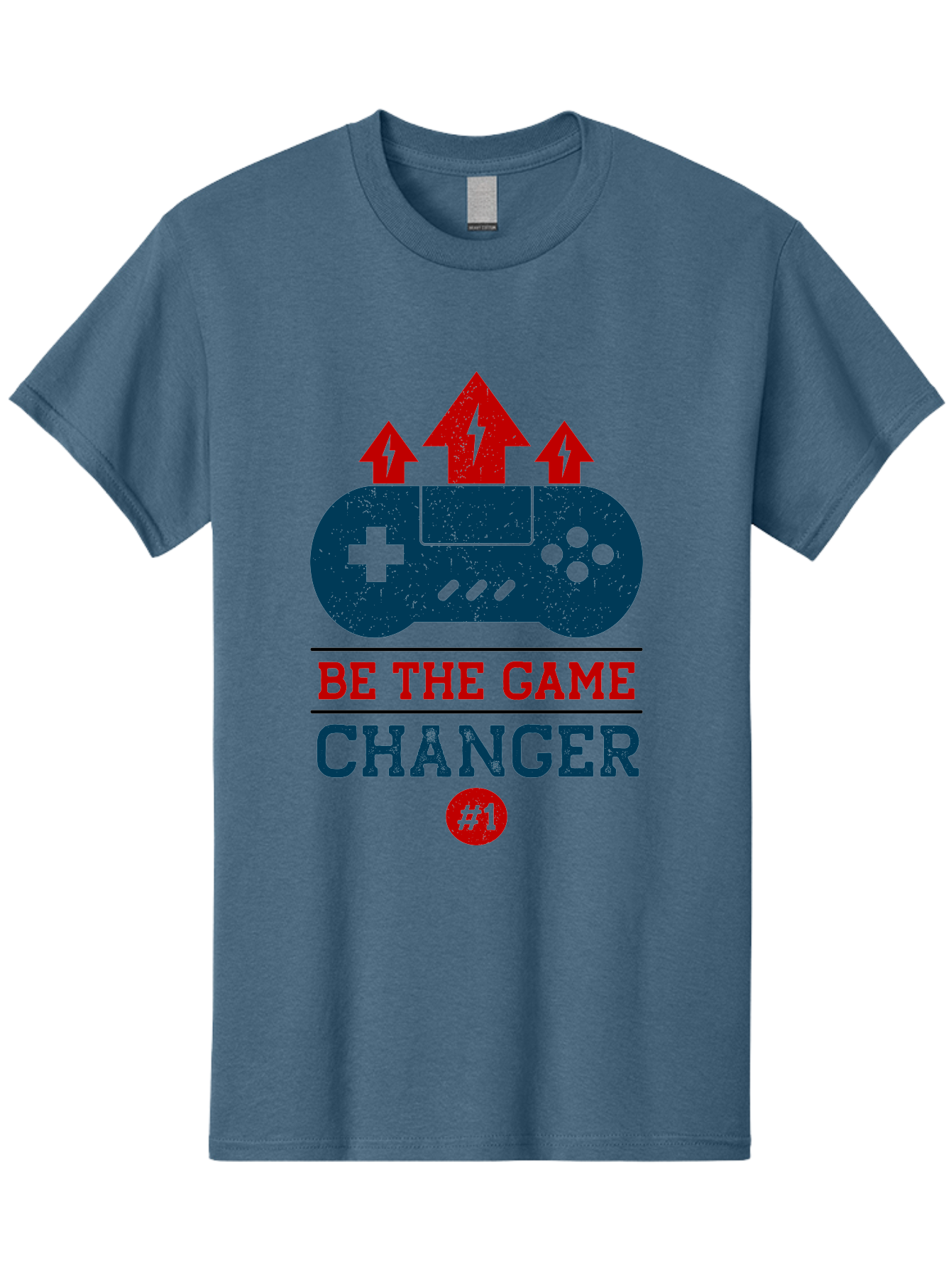 Be-The-Game-Changer Men'S Graphic Tee, 100% Cotton, Comfortable Casual Summer Wear, Machine Washable, Gaming Inspiration, Motivational Quote, Game Changer, Video Game Controller, Red And Blue Colors, Arrows Pointing Up, Positive Energy, - Aaa620