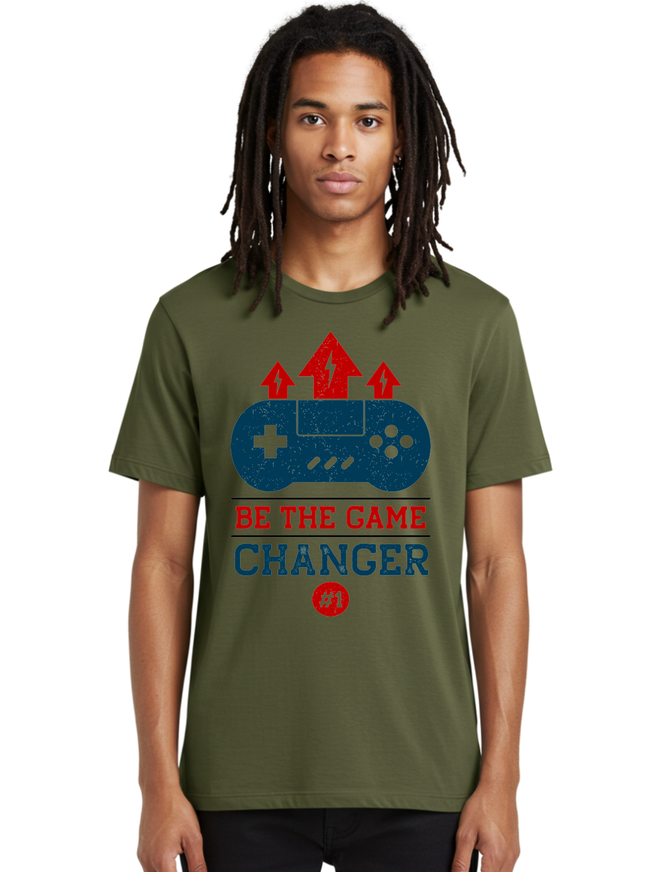 Be-The-Game-Changer Men'S Graphic Tee, 100% Cotton, Comfortable Casual Summer Wear, Machine Washable, Gaming Inspiration, Motivational Quote, Game Changer, Video Game Controller, Red And Blue Colors, Arrows Pointing Up, Positive Energy, - Aaa620