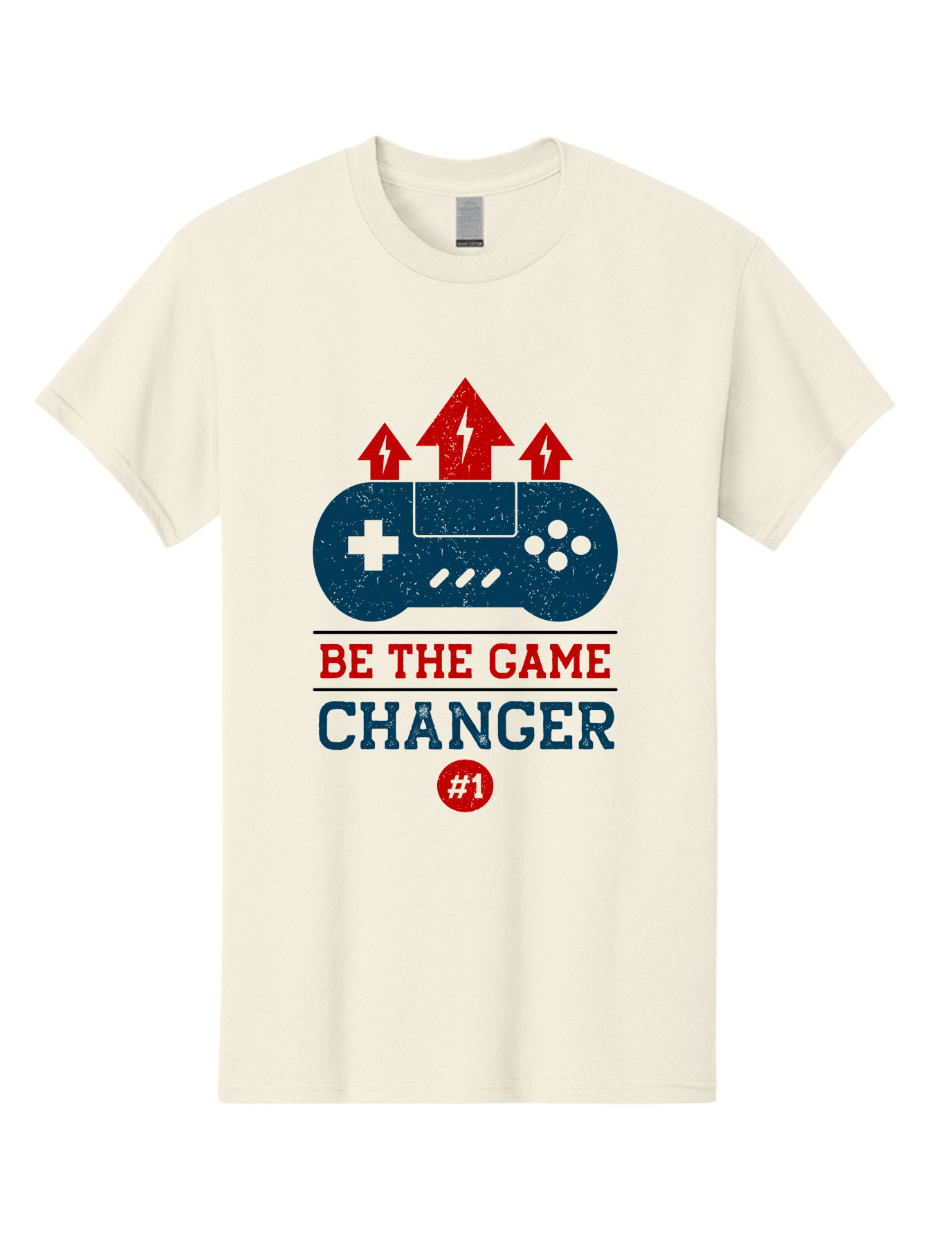 Be-The-Game-Changer Men'S Graphic Tee, 100% Cotton, Comfortable Casual Summer Wear, Machine Washable, Gaming Inspiration, Motivational Quote, Game Changer, Video Game Controller, Red And Blue Colors, Arrows Pointing Up, Positive Energy, - Aaa620