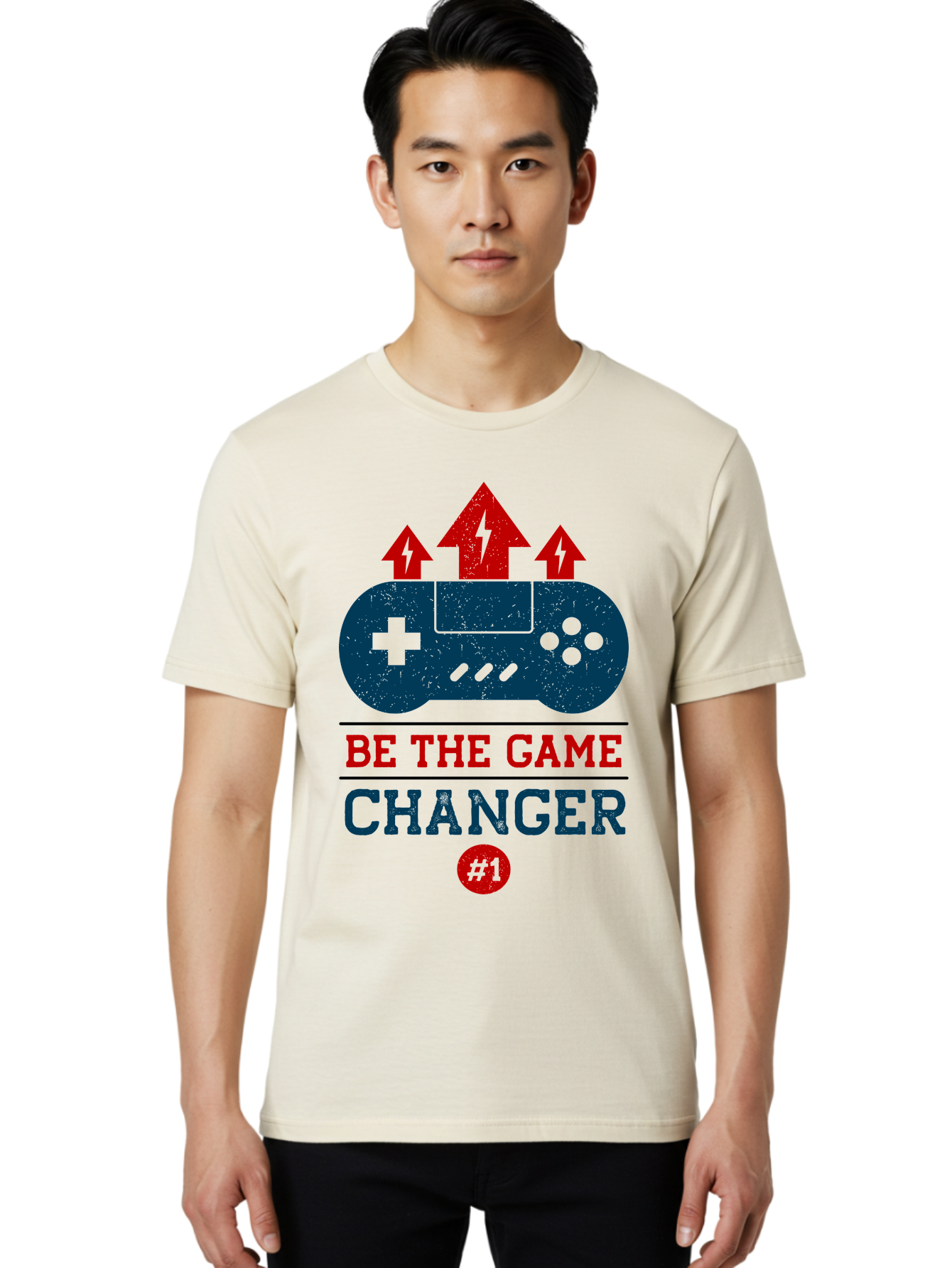 Be-The-Game-Changer Men'S Graphic Tee, 100% Cotton, Comfortable Casual Summer Wear, Machine Washable, Gaming Inspiration, Motivational Quote, Game Changer, Video Game Controller, Red And Blue Colors, Arrows Pointing Up, Positive Energy, - Aaa620