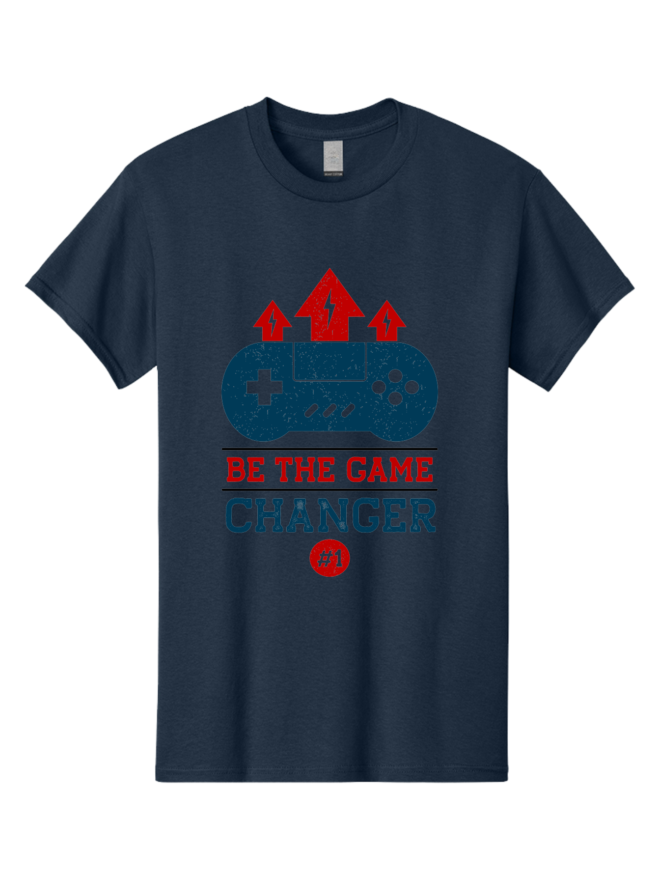 Be-The-Game-Changer Men'S Graphic Tee, 100% Cotton, Comfortable Casual Summer Wear, Machine Washable, Gaming Inspiration, Motivational Quote, Game Changer, Video Game Controller, Red And Blue Colors, Arrows Pointing Up, Positive Energy, - Aaa620