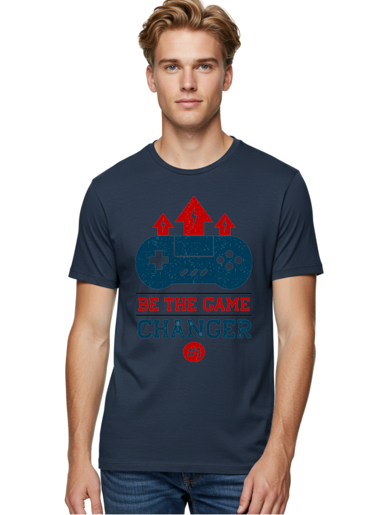 Be-The-Game-Changer Men'S Graphic Tee, 100% Cotton, Comfortable Casual Summer Wear, Machine Washable, Gaming Inspiration, Motivational Quote, Game Changer, Video Game Controller, Red And Blue Colors, Arrows Pointing Up, Positive Energy, - Aaa620