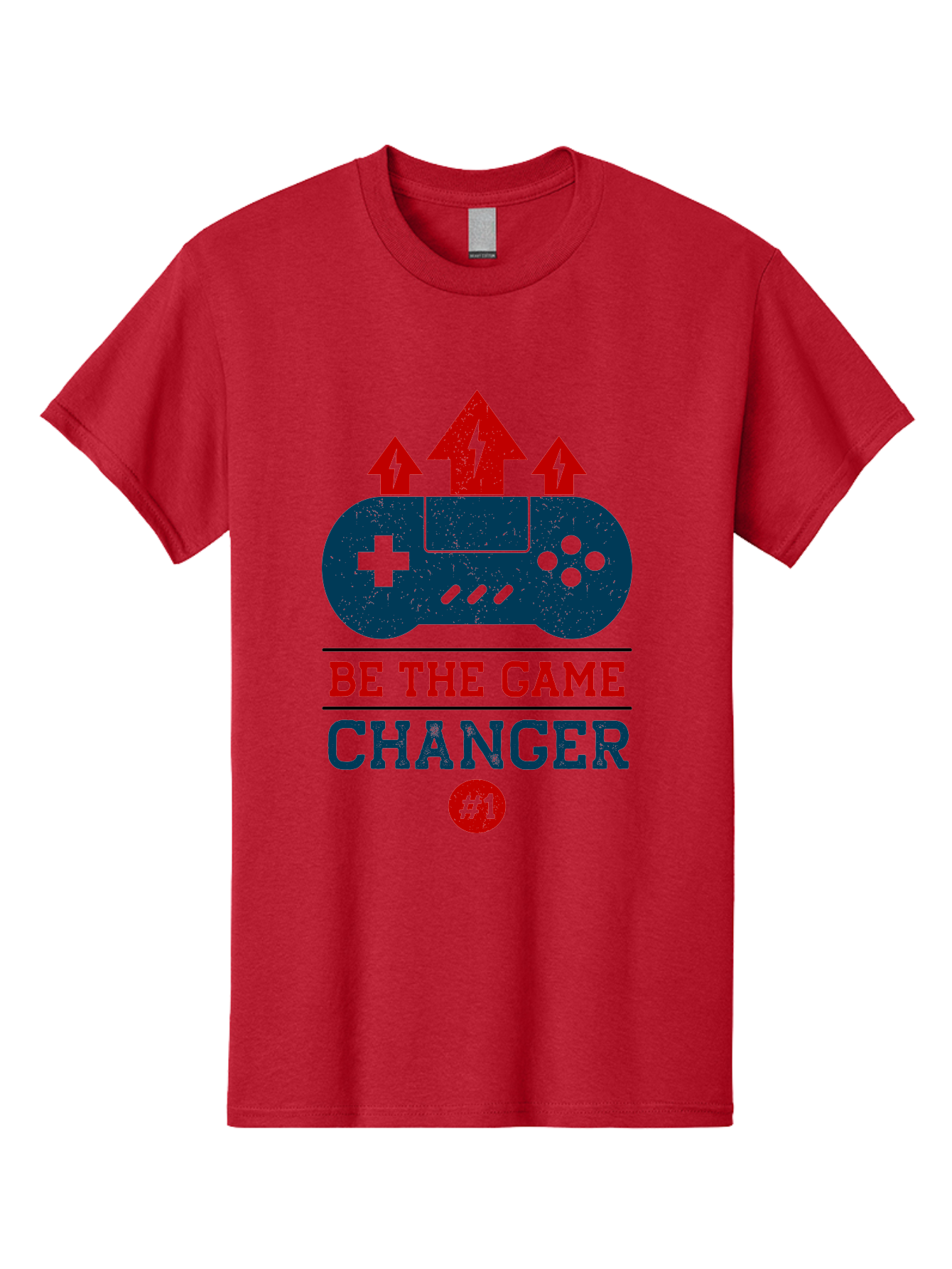 Be-The-Game-Changer Men'S Graphic Tee, 100% Cotton, Comfortable Casual Summer Wear, Machine Washable, Gaming Inspiration, Motivational Quote, Game Changer, Video Game Controller, Red And Blue Colors, Arrows Pointing Up, Positive Energy, - Aaa620