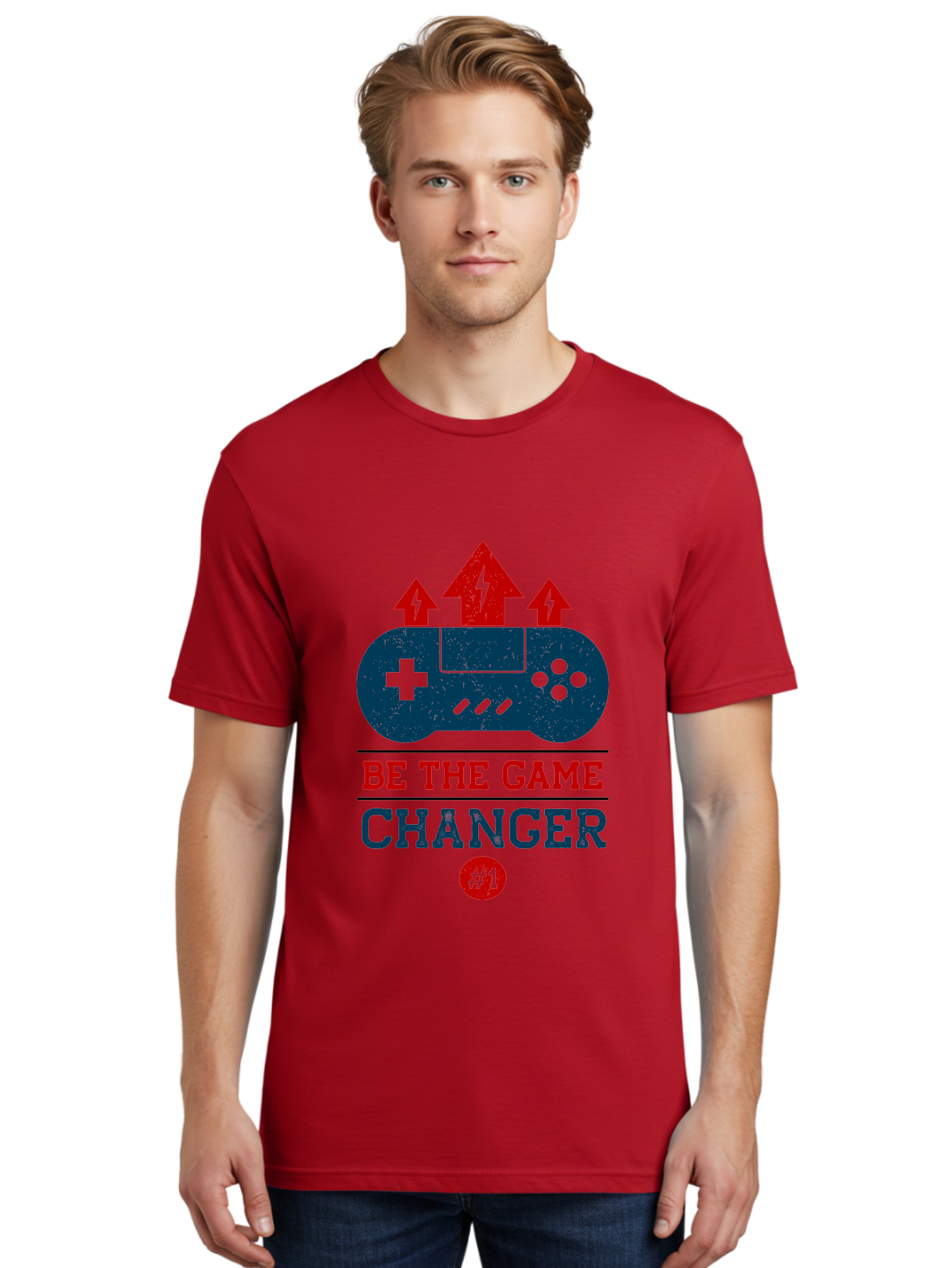 Be-The-Game-Changer Men'S Graphic Tee, 100% Cotton, Comfortable Casual Summer Wear, Machine Washable, Gaming Inspiration, Motivational Quote, Game Changer, Video Game Controller, Red And Blue Colors, Arrows Pointing Up, Positive Energy, - Aaa620