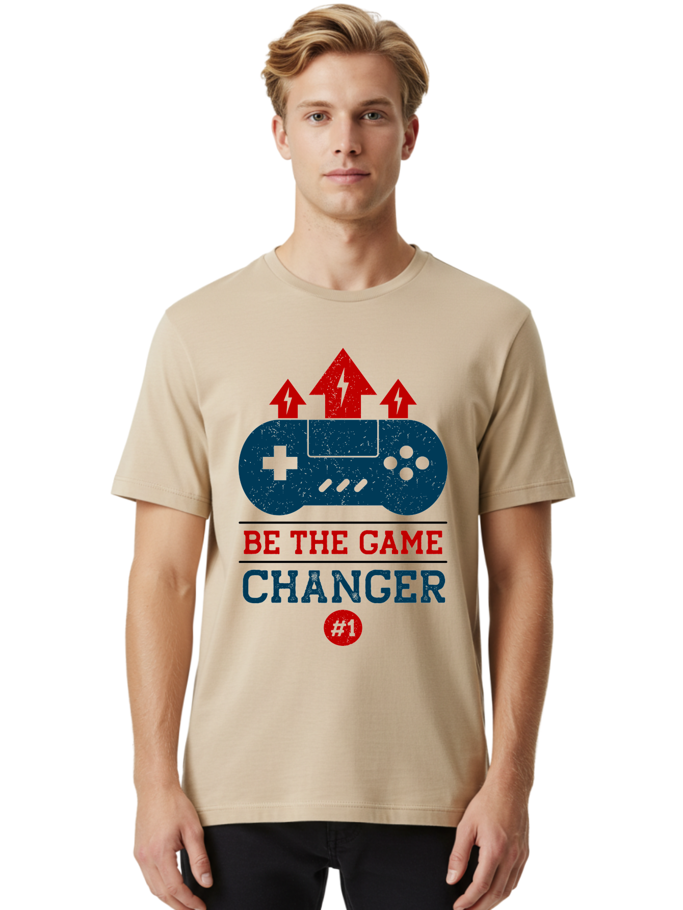 Be-The-Game-Changer Men'S Graphic Tee, 100% Cotton, Comfortable Casual Summer Wear, Machine Washable, Gaming Inspiration, Motivational Quote, Game Changer, Video Game Controller, Red And Blue Colors, Arrows Pointing Up, Positive Energy, - Aaa620