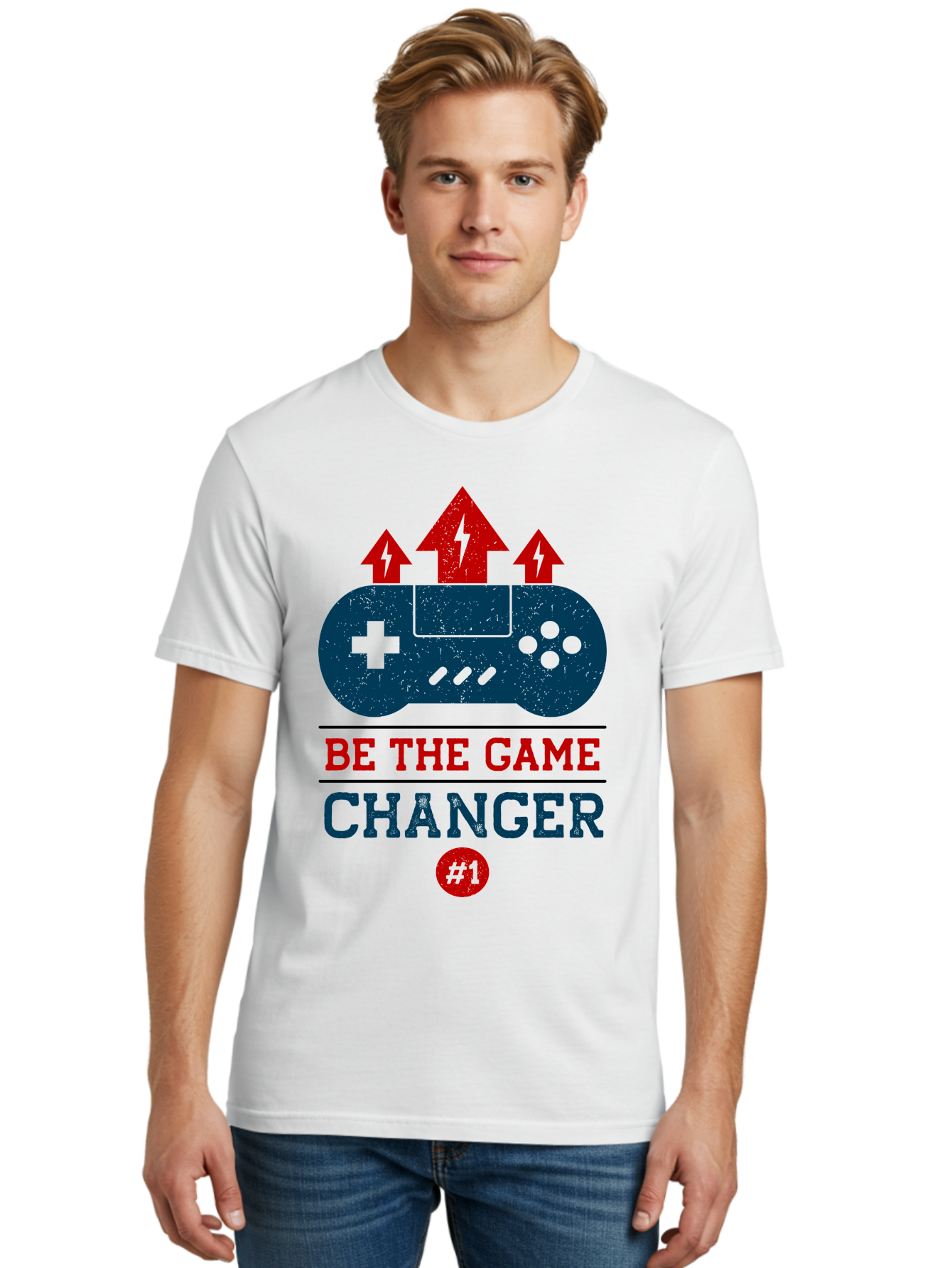 Be-The-Game-Changer Men'S Graphic Tee, 100% Cotton, Comfortable Casual Summer Wear, Machine Washable, Gaming Inspiration, Motivational Quote, Game Changer, Video Game Controller, Red And Blue Colors, Arrows Pointing Up, Positive Energy, - Aaa620