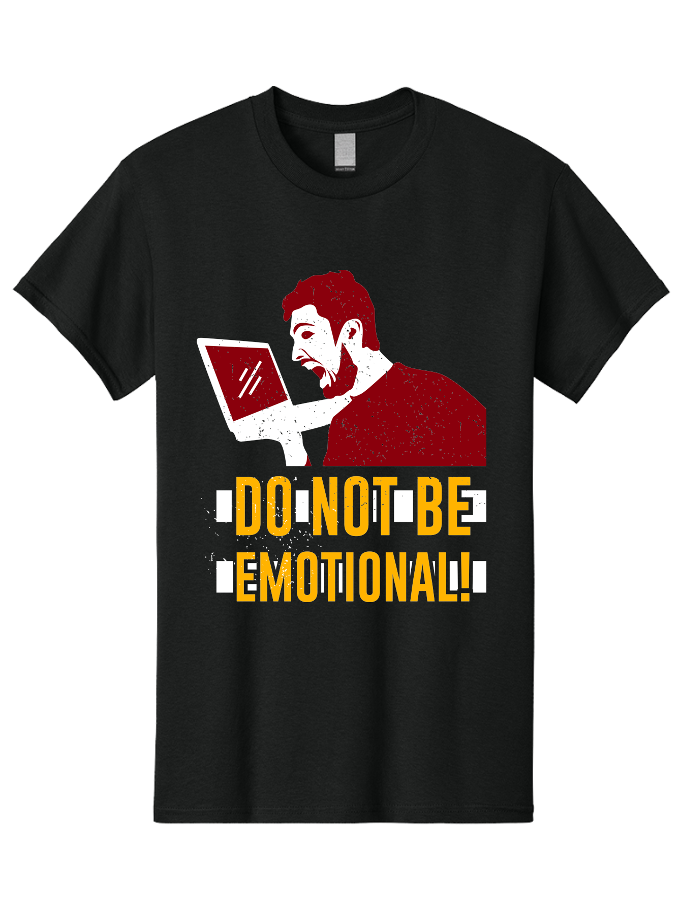 Do-Not-Be-Emotional Men'S Graphic Tee, 100% Cotton, Comfortable Casual Summer Wear, Machine Washable, Man Using Laptop, Shocked Expression, Emotional Response, Warning Message, Motivational Quote, Self-Control Reminder, Online Interaction - Aaa622