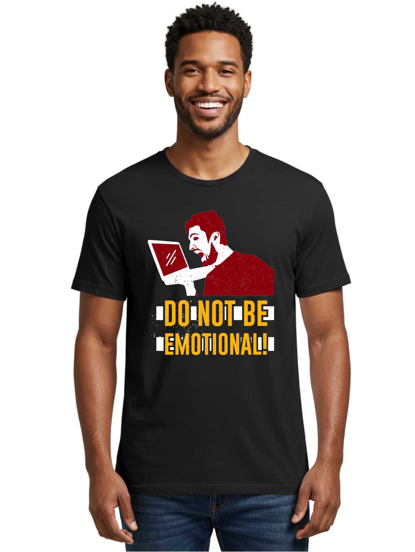 Do-Not-Be-Emotional Men'S Graphic Tee, 100% Cotton, Comfortable Casual Summer Wear, Machine Washable, Man Using Laptop, Shocked Expression, Emotional Response, Warning Message, Motivational Quote, Self-Control Reminder, Online Interaction - Aaa622
