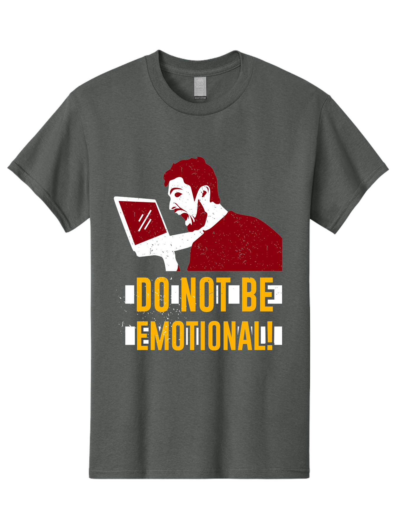 Do-Not-Be-Emotional Men'S Graphic Tee, 100% Cotton, Comfortable Casual Summer Wear, Machine Washable, Man Using Laptop, Shocked Expression, Emotional Response, Warning Message, Motivational Quote, Self-Control Reminder, Online Interaction - Aaa622