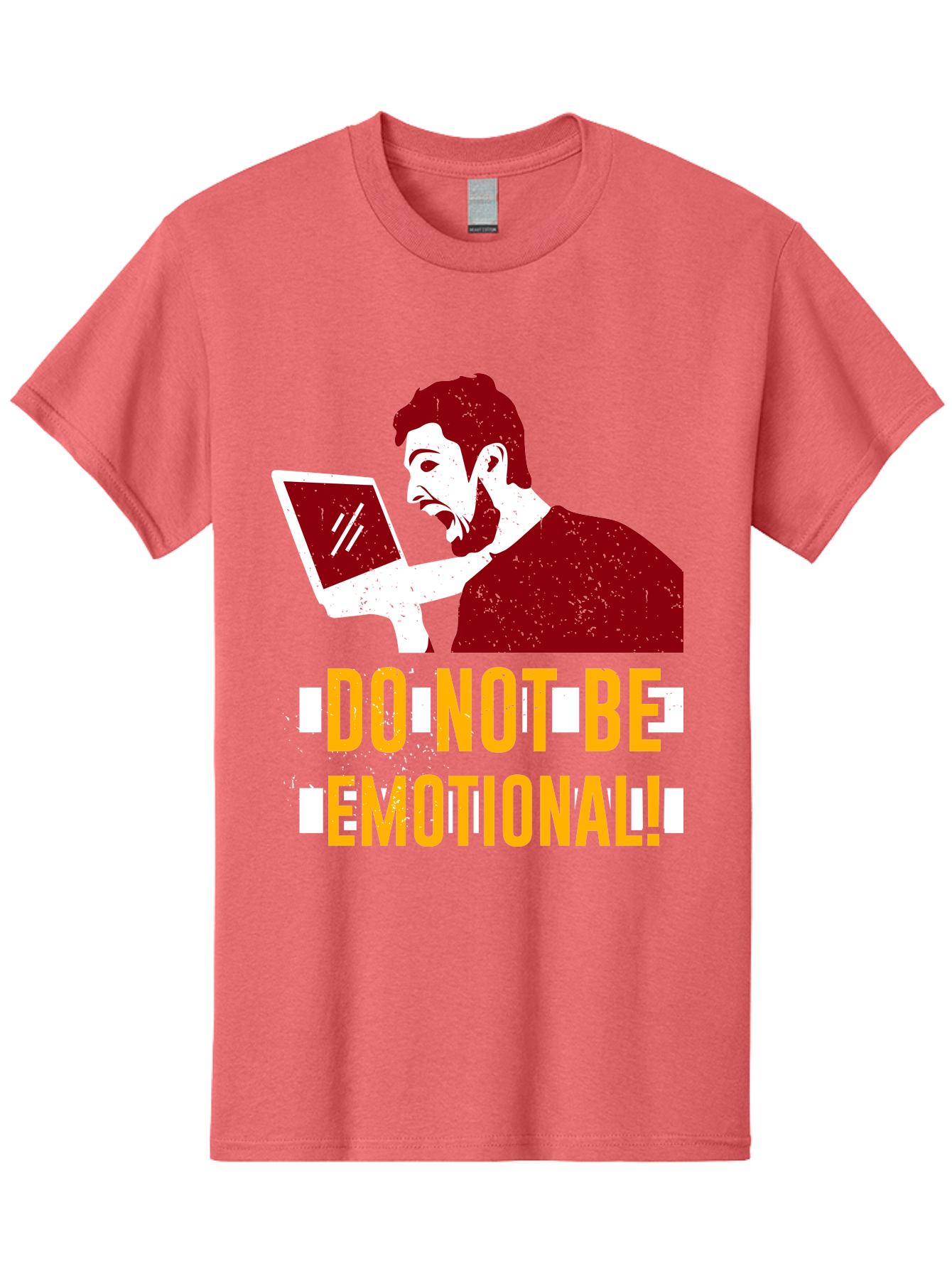 Do-Not-Be-Emotional Men'S Graphic Tee, 100% Cotton, Comfortable Casual Summer Wear, Machine Washable, Man Using Laptop, Shocked Expression, Emotional Response, Warning Message, Motivational Quote, Self-Control Reminder, Online Interaction - Aaa622