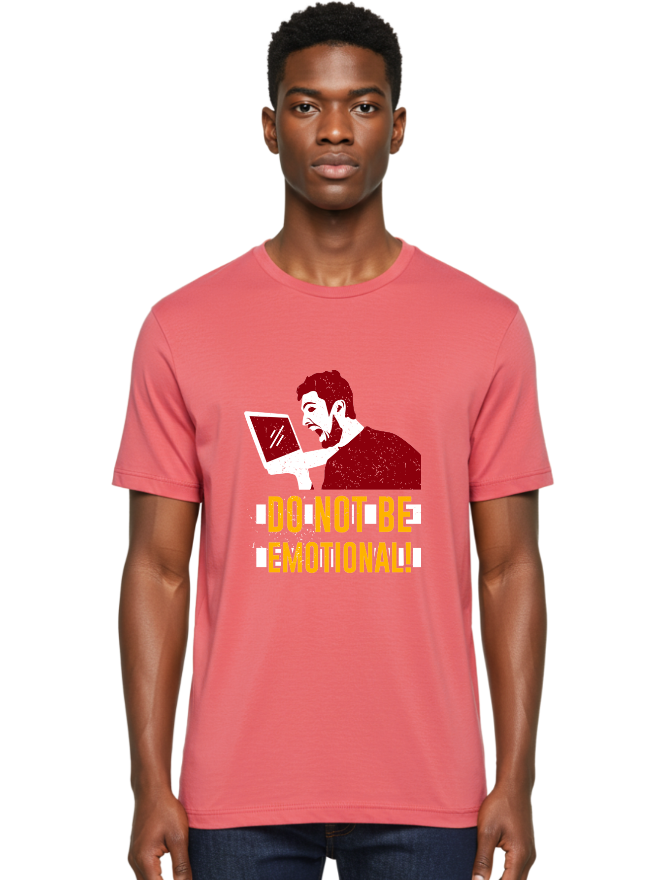 Do-Not-Be-Emotional Men'S Graphic Tee, 100% Cotton, Comfortable Casual Summer Wear, Machine Washable, Man Using Laptop, Shocked Expression, Emotional Response, Warning Message, Motivational Quote, Self-Control Reminder, Online Interaction - Aaa622