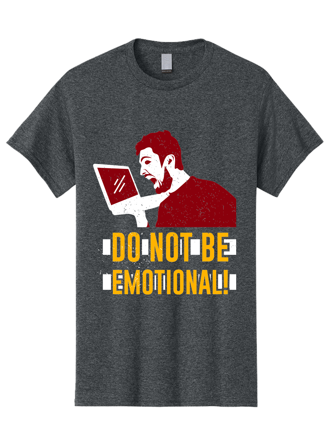 Do-Not-Be-Emotional Men'S Graphic Tee, 100% Cotton, Comfortable Casual Summer Wear, Machine Washable, Man Using Laptop, Shocked Expression, Emotional Response, Warning Message, Motivational Quote, Self-Control Reminder, Online Interaction - Aaa622