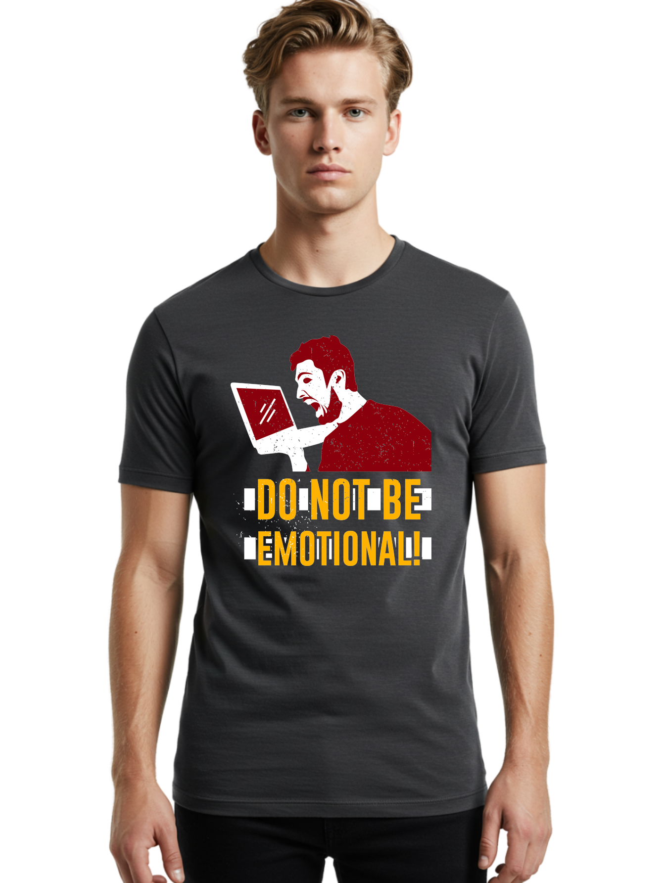 Do-Not-Be-Emotional Men'S Graphic Tee, 100% Cotton, Comfortable Casual Summer Wear, Machine Washable, Man Using Laptop, Shocked Expression, Emotional Response, Warning Message, Motivational Quote, Self-Control Reminder, Online Interaction - Aaa622