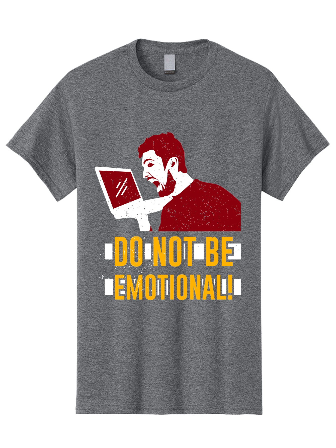 Do-Not-Be-Emotional Men'S Graphic Tee, 100% Cotton, Comfortable Casual Summer Wear, Machine Washable, Man Using Laptop, Shocked Expression, Emotional Response, Warning Message, Motivational Quote, Self-Control Reminder, Online Interaction - Aaa622