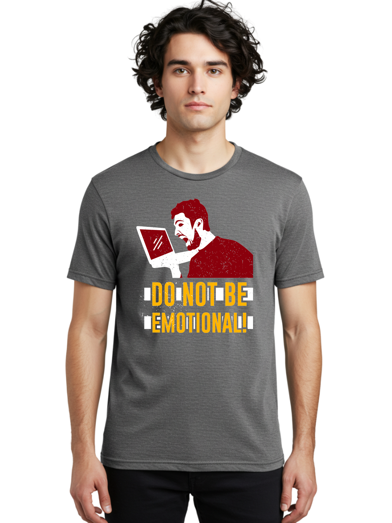 Do-Not-Be-Emotional Men'S Graphic Tee, 100% Cotton, Comfortable Casual Summer Wear, Machine Washable, Man Using Laptop, Shocked Expression, Emotional Response, Warning Message, Motivational Quote, Self-Control Reminder, Online Interaction - Aaa622