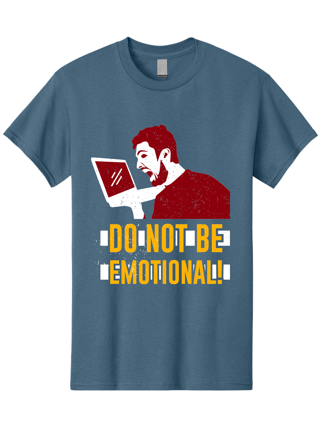 Do-Not-Be-Emotional Men'S Graphic Tee, 100% Cotton, Comfortable Casual Summer Wear, Machine Washable, Man Using Laptop, Shocked Expression, Emotional Response, Warning Message, Motivational Quote, Self-Control Reminder, Online Interaction - Aaa622