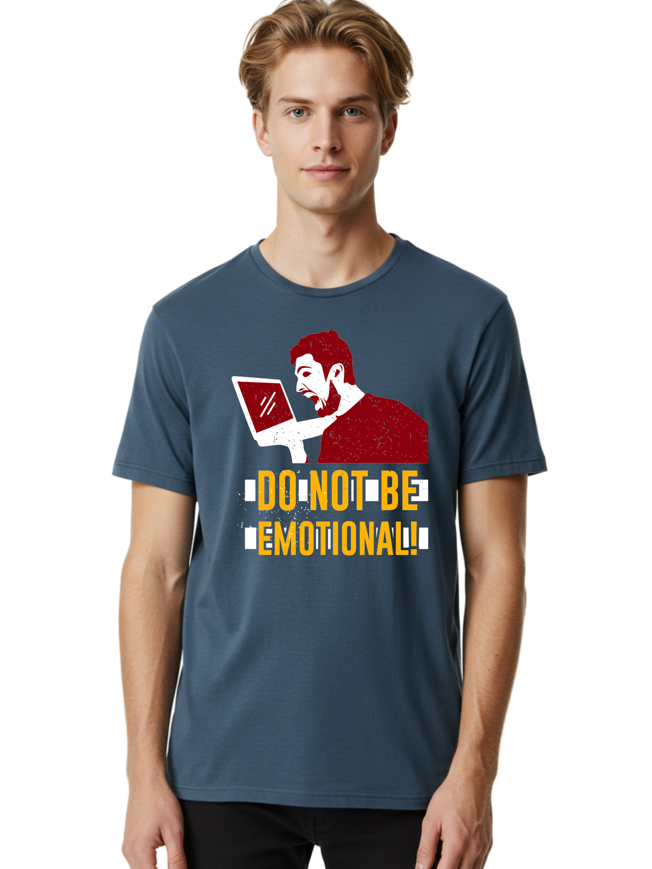 Do-Not-Be-Emotional Men'S Graphic Tee, 100% Cotton, Comfortable Casual Summer Wear, Machine Washable, Man Using Laptop, Shocked Expression, Emotional Response, Warning Message, Motivational Quote, Self-Control Reminder, Online Interaction - Aaa622