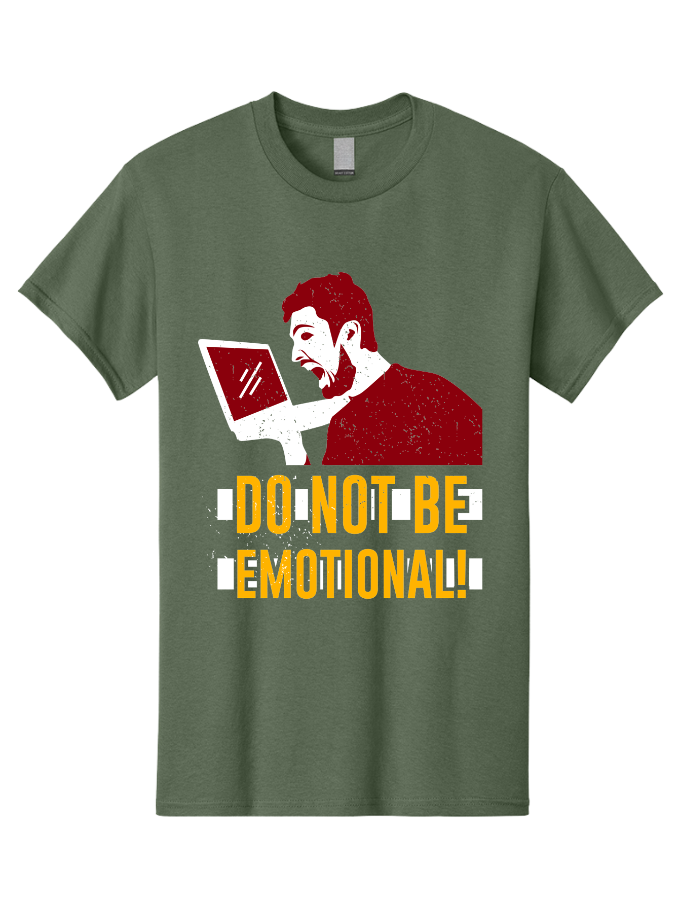 Do-Not-Be-Emotional Men'S Graphic Tee, 100% Cotton, Comfortable Casual Summer Wear, Machine Washable, Man Using Laptop, Shocked Expression, Emotional Response, Warning Message, Motivational Quote, Self-Control Reminder, Online Interaction - Aaa622