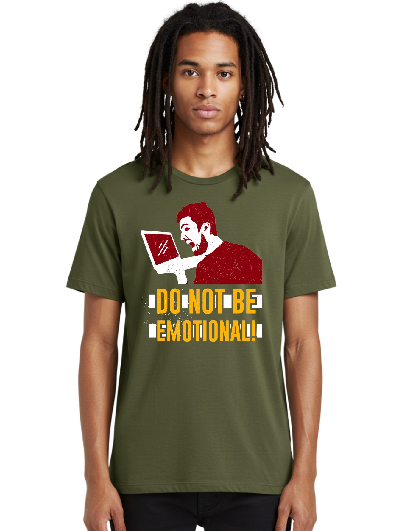 Do-Not-Be-Emotional Men'S Graphic Tee, 100% Cotton, Comfortable Casual Summer Wear, Machine Washable, Man Using Laptop, Shocked Expression, Emotional Response, Warning Message, Motivational Quote, Self-Control Reminder, Online Interaction - Aaa622