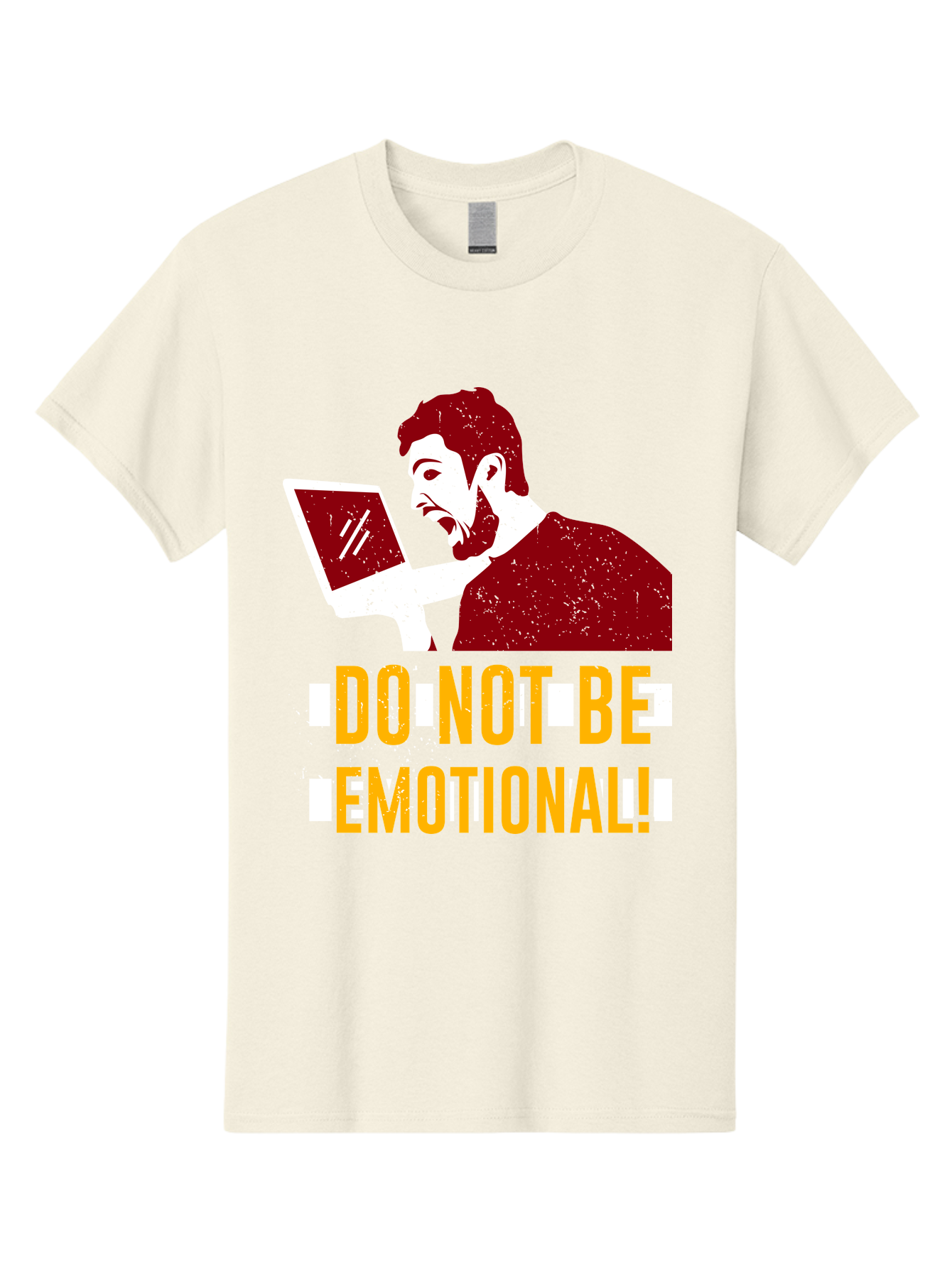 Do-Not-Be-Emotional Men'S Graphic Tee, 100% Cotton, Comfortable Casual Summer Wear, Machine Washable, Man Using Laptop, Shocked Expression, Emotional Response, Warning Message, Motivational Quote, Self-Control Reminder, Online Interaction - Aaa622
