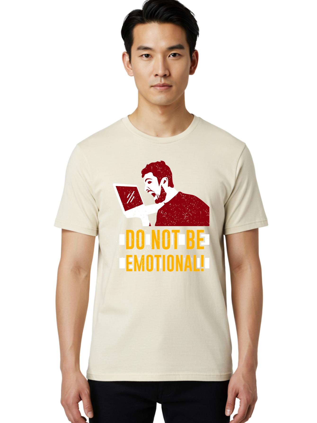 Do-Not-Be-Emotional Men'S Graphic Tee, 100% Cotton, Comfortable Casual Summer Wear, Machine Washable, Man Using Laptop, Shocked Expression, Emotional Response, Warning Message, Motivational Quote, Self-Control Reminder, Online Interaction - Aaa622