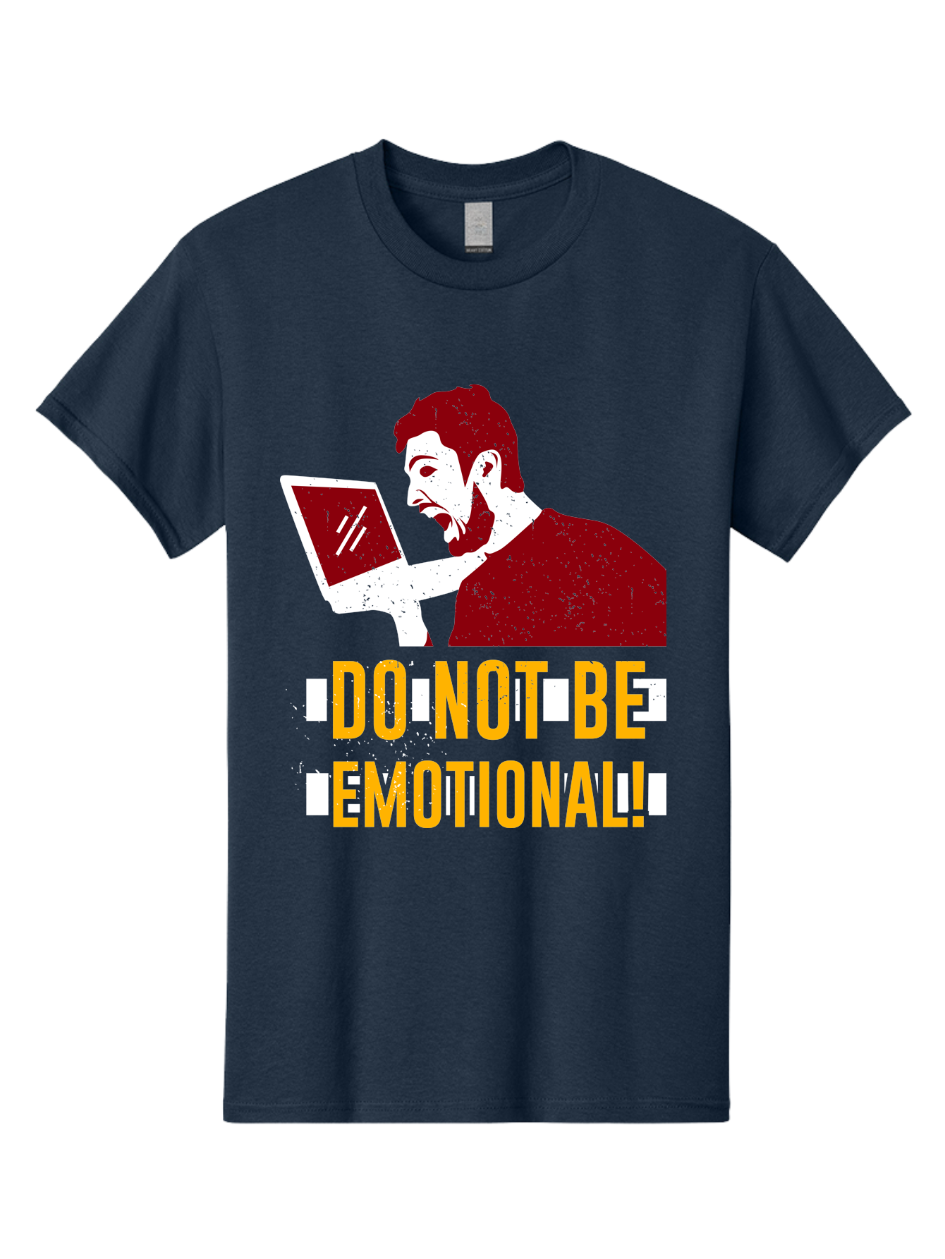 Do-Not-Be-Emotional Men'S Graphic Tee, 100% Cotton, Comfortable Casual Summer Wear, Machine Washable, Man Using Laptop, Shocked Expression, Emotional Response, Warning Message, Motivational Quote, Self-Control Reminder, Online Interaction - Aaa622