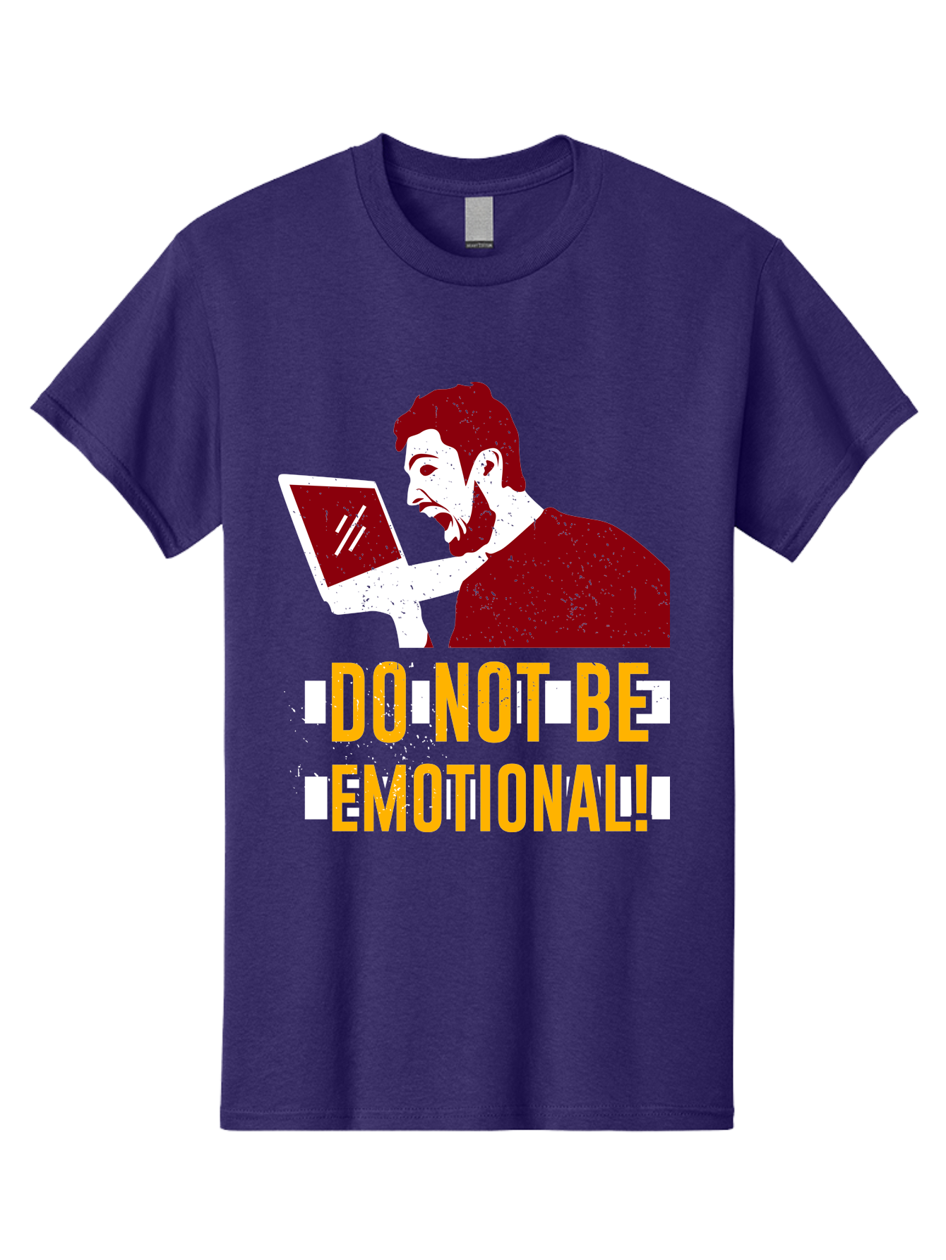 Do-Not-Be-Emotional Men'S Graphic Tee, 100% Cotton, Comfortable Casual Summer Wear, Machine Washable, Man Using Laptop, Shocked Expression, Emotional Response, Warning Message, Motivational Quote, Self-Control Reminder, Online Interaction - Aaa622