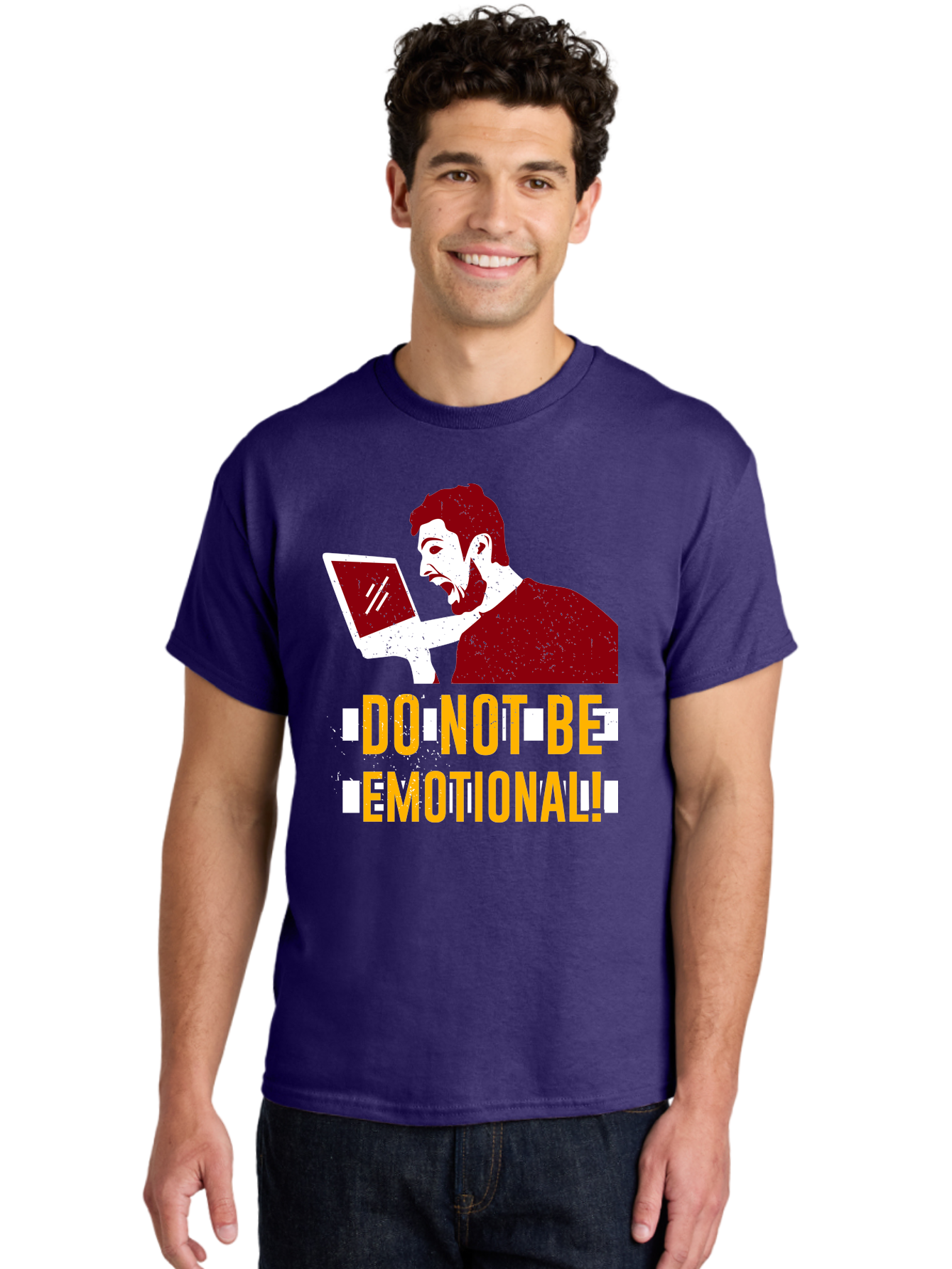 Do-Not-Be-Emotional Men'S Graphic Tee, 100% Cotton, Comfortable Casual Summer Wear, Machine Washable, Man Using Laptop, Shocked Expression, Emotional Response, Warning Message, Motivational Quote, Self-Control Reminder, Online Interaction - Aaa622