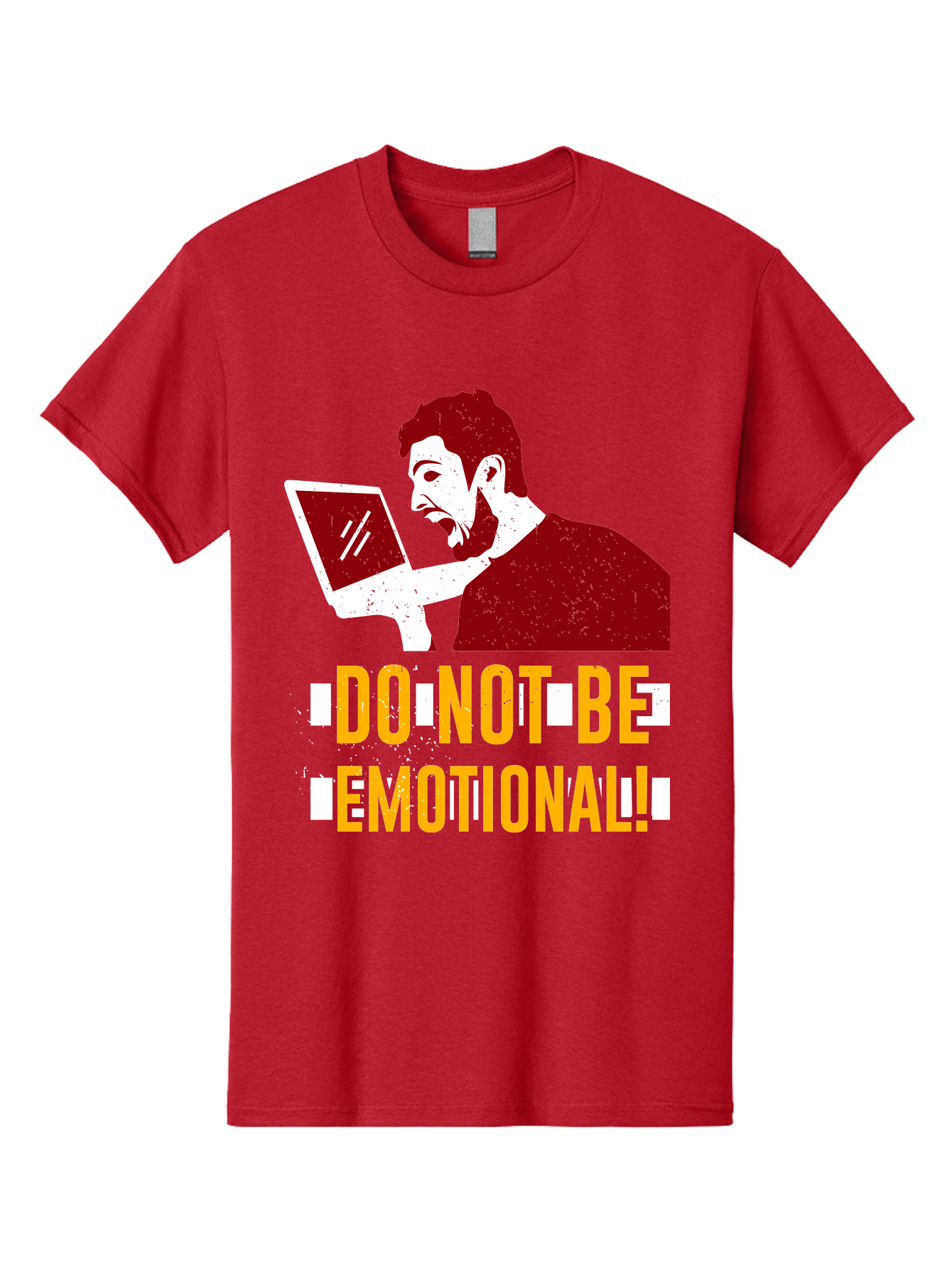 Do-Not-Be-Emotional Men'S Graphic Tee, 100% Cotton, Comfortable Casual Summer Wear, Machine Washable, Man Using Laptop, Shocked Expression, Emotional Response, Warning Message, Motivational Quote, Self-Control Reminder, Online Interaction - Aaa622