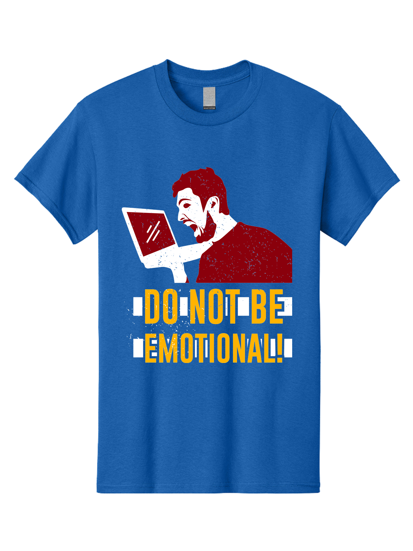 Do-Not-Be-Emotional Men'S Graphic Tee, 100% Cotton, Comfortable Casual Summer Wear, Machine Washable, Man Using Laptop, Shocked Expression, Emotional Response, Warning Message, Motivational Quote, Self-Control Reminder, Online Interaction - Aaa622