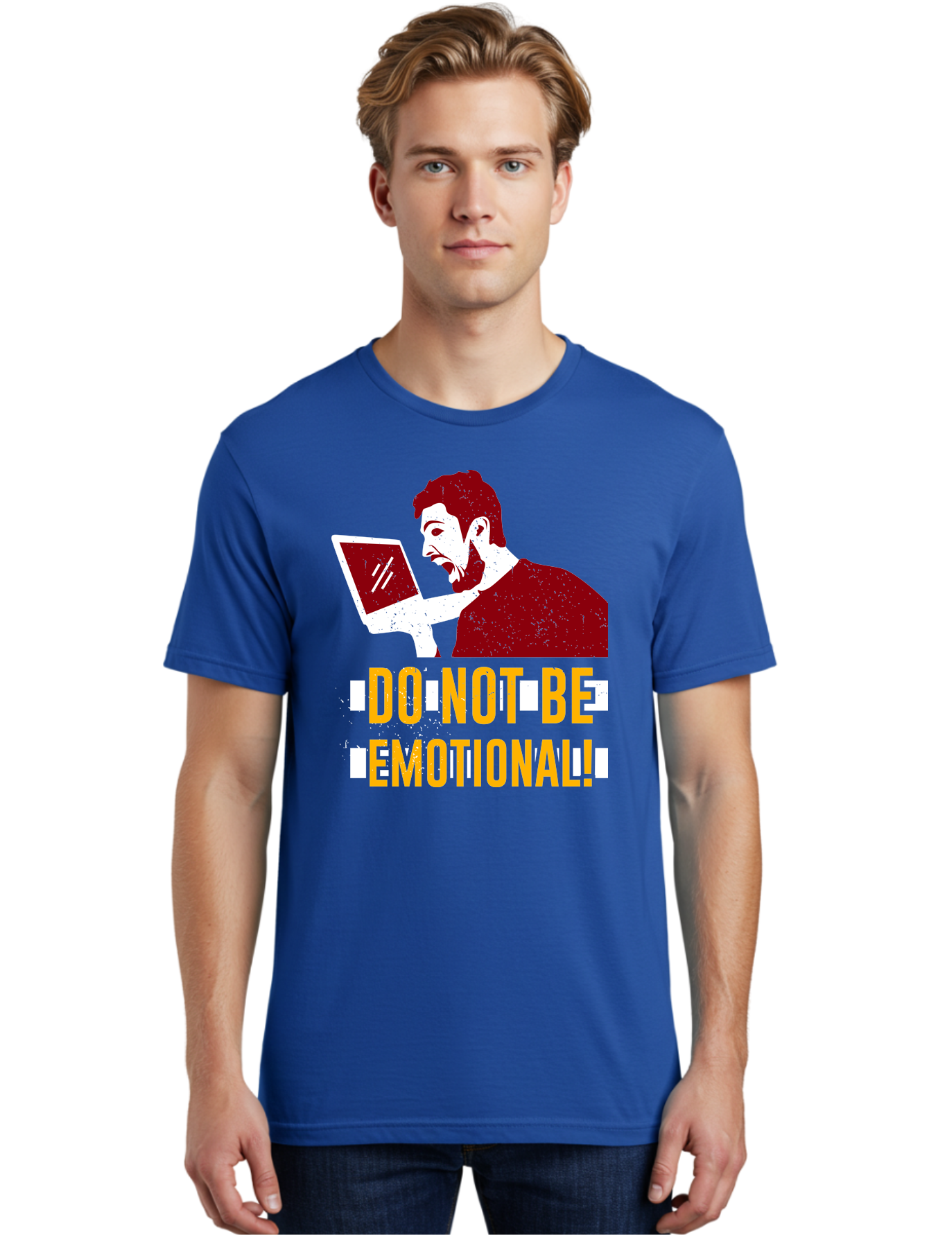 Do-Not-Be-Emotional Men'S Graphic Tee, 100% Cotton, Comfortable Casual Summer Wear, Machine Washable, Man Using Laptop, Shocked Expression, Emotional Response, Warning Message, Motivational Quote, Self-Control Reminder, Online Interaction - Aaa622