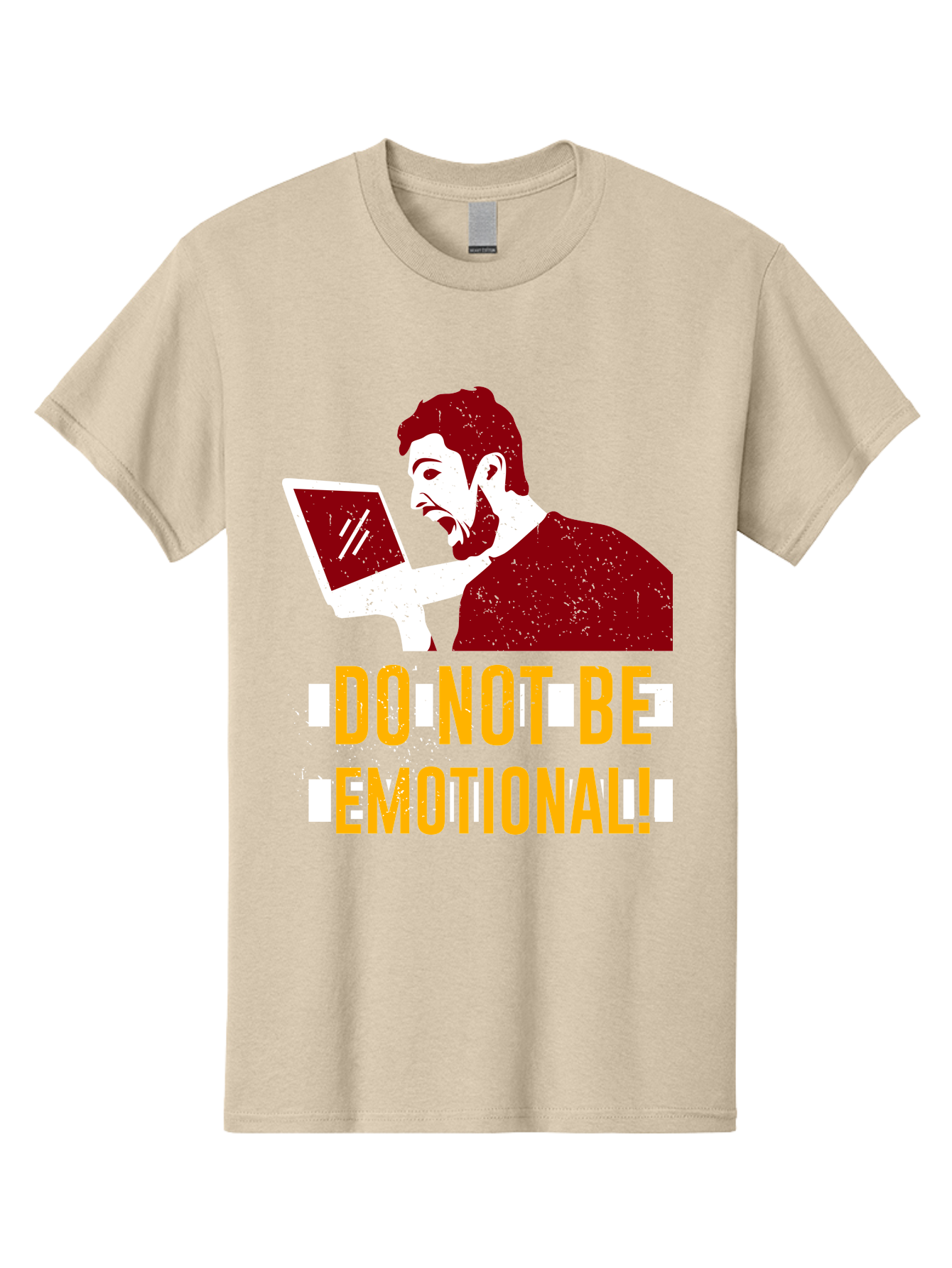 Do-Not-Be-Emotional Men'S Graphic Tee, 100% Cotton, Comfortable Casual Summer Wear, Machine Washable, Man Using Laptop, Shocked Expression, Emotional Response, Warning Message, Motivational Quote, Self-Control Reminder, Online Interaction - Aaa622