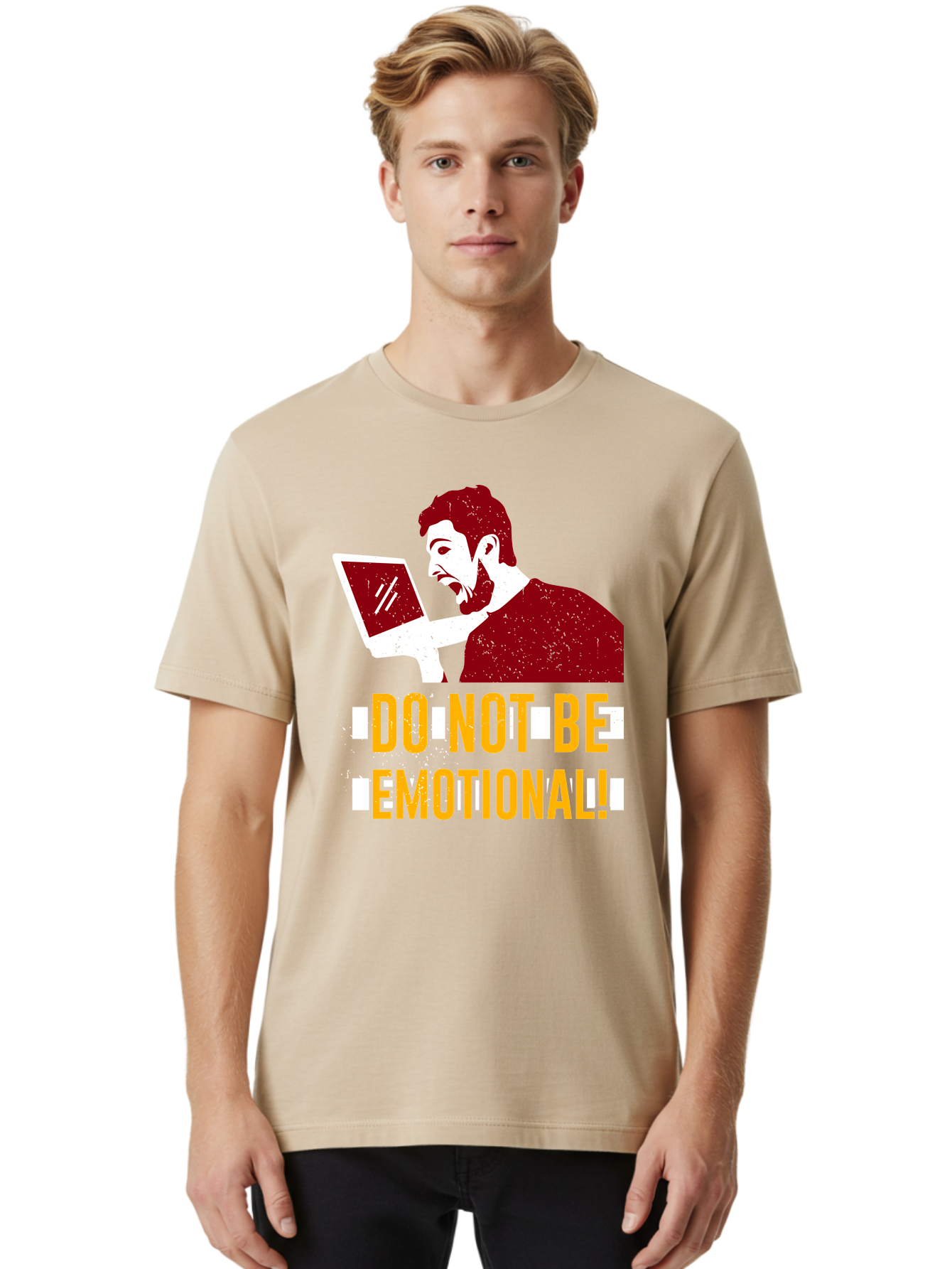Do-Not-Be-Emotional Men'S Graphic Tee, 100% Cotton, Comfortable Casual Summer Wear, Machine Washable, Man Using Laptop, Shocked Expression, Emotional Response, Warning Message, Motivational Quote, Self-Control Reminder, Online Interaction - Aaa622