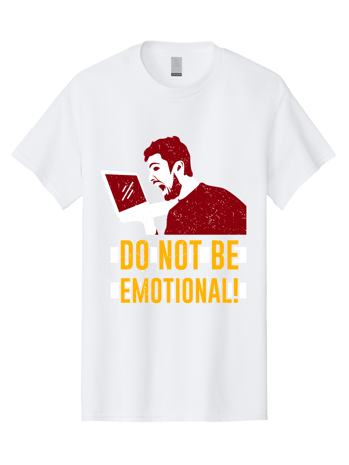 Do-Not-Be-Emotional Men'S Graphic Tee, 100% Cotton, Comfortable Casual Summer Wear, Machine Washable, Man Using Laptop, Shocked Expression, Emotional Response, Warning Message, Motivational Quote, Self-Control Reminder, Online Interaction - Aaa622