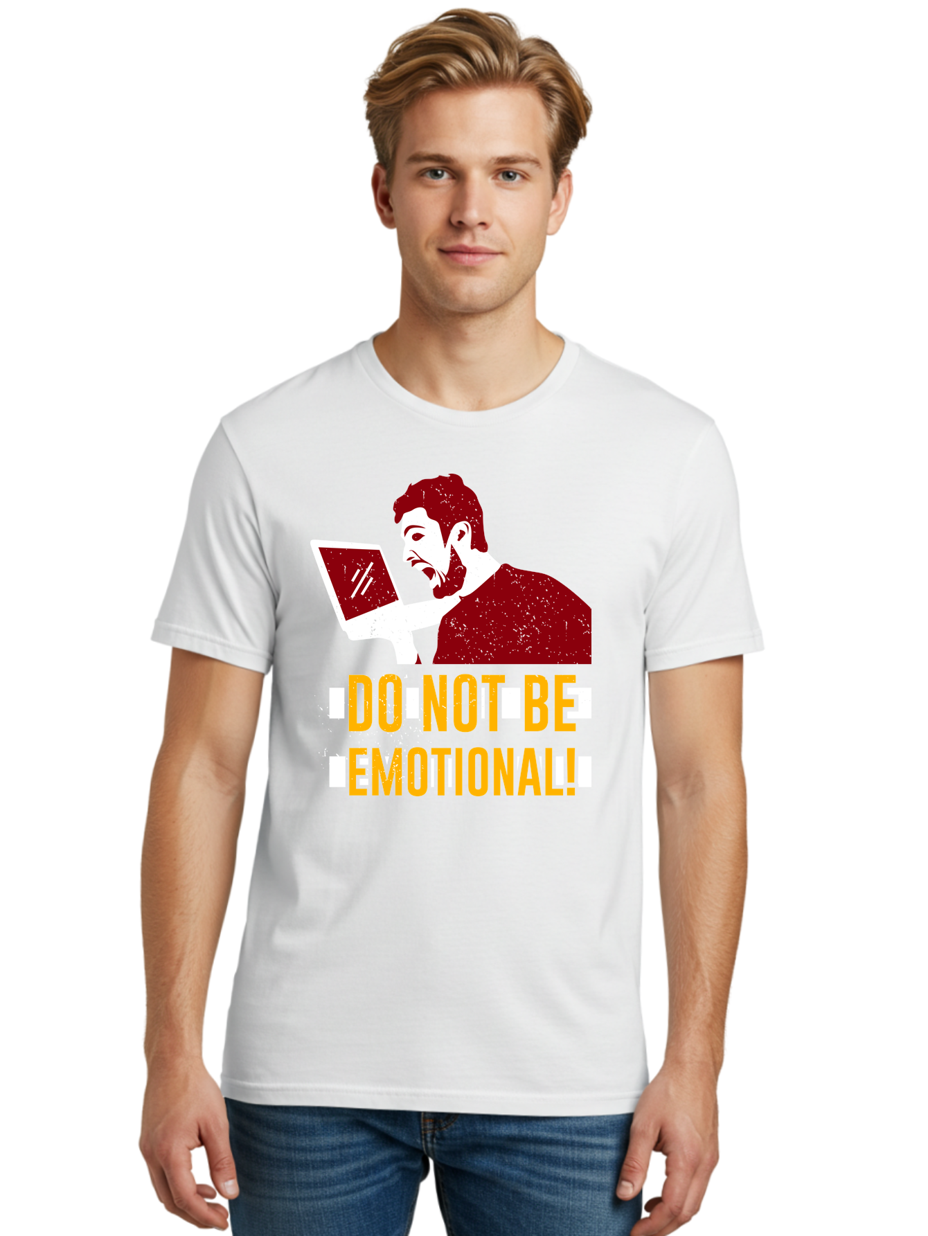 Do-Not-Be-Emotional Men'S Graphic Tee, 100% Cotton, Comfortable Casual Summer Wear, Machine Washable, Man Using Laptop, Shocked Expression, Emotional Response, Warning Message, Motivational Quote, Self-Control Reminder, Online Interaction - Aaa622