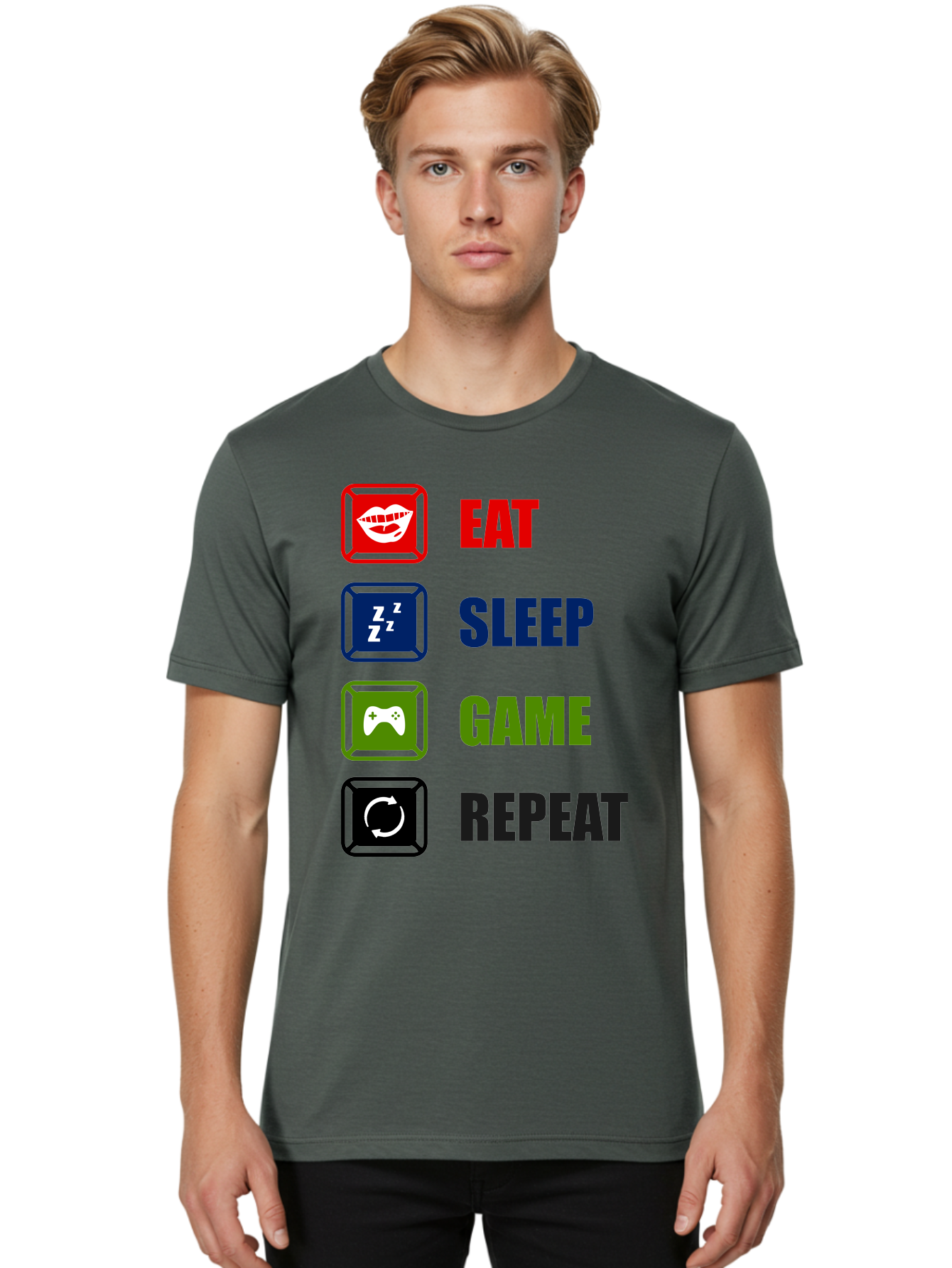 Eat-Sleep-Game-Repeat Men'S Graphic Tee, 100% Cotton, Comfortable Casual Summer Wear, Machine Washable, Gamer Lifestyle, Video Game Culture, Gaming Habits, Eat, Sleep, Game, Repeat, Gaming Community, Gamer Life - Aaa626