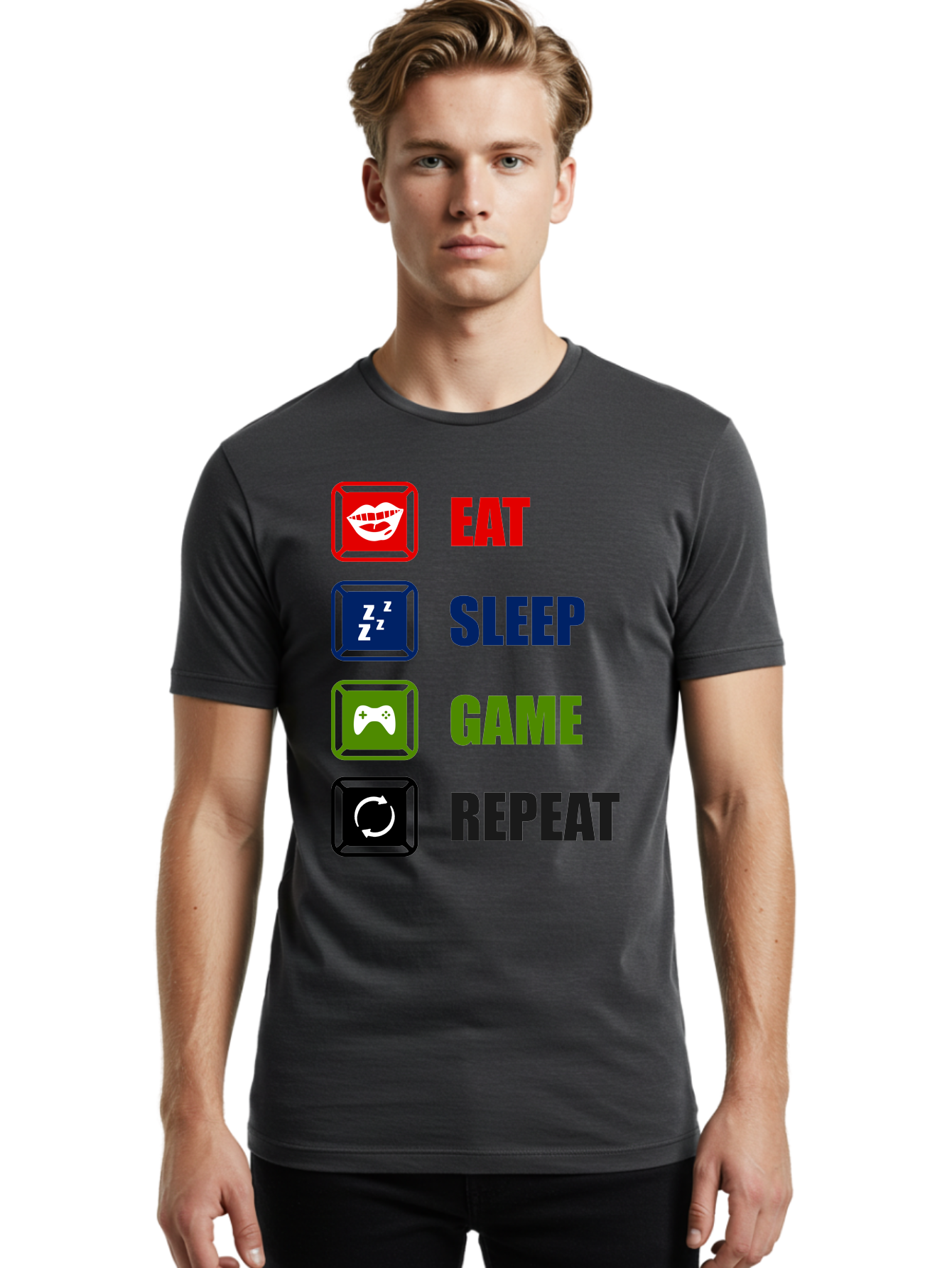 Eat-Sleep-Game-Repeat Men'S Graphic Tee, 100% Cotton, Comfortable Casual Summer Wear, Machine Washable, Gamer Lifestyle, Video Game Culture, Gaming Habits, Eat, Sleep, Game, Repeat, Gaming Community, Gamer Life - Aaa626