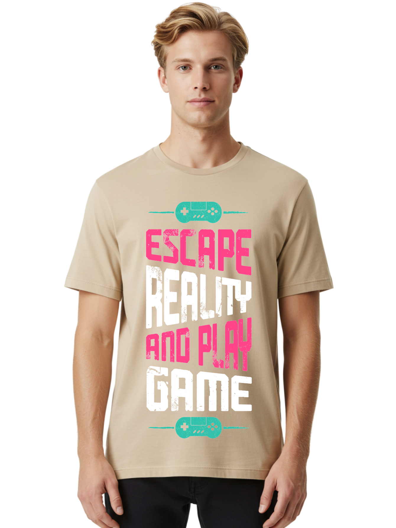 Escape-Reality-And-Play-Game Men'S Graphic Tee, 100% Cotton, Comfortable Casual Summer Wear, Machine Washable, Escape Reality, Play Game, Immersive Gaming Experience, Escape Room Theme, Gaming Advertisement, Interactive Entertainment, - Aaa627