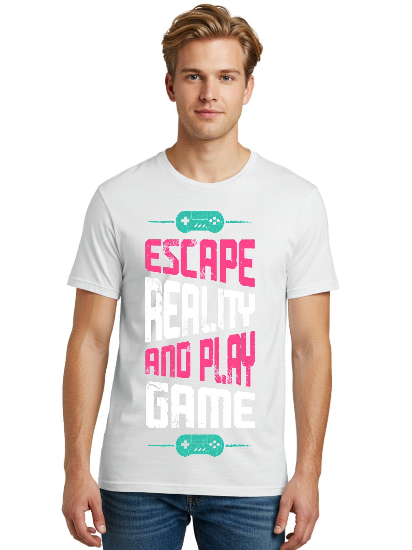 Escape-Reality-And-Play-Game Men'S Graphic Tee, 100% Cotton, Comfortable Casual Summer Wear, Machine Washable, Escape Reality, Play Game, Immersive Gaming Experience, Escape Room Theme, Gaming Advertisement, Interactive Entertainment, - Aaa627