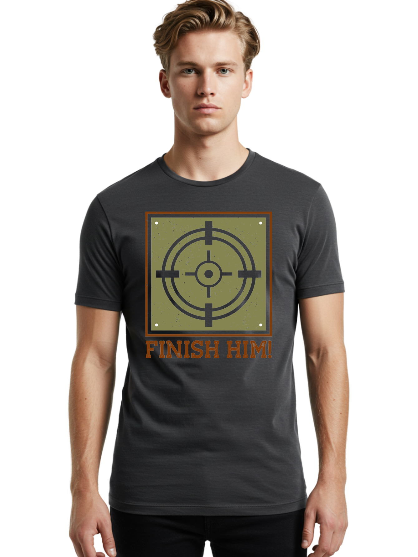 Finish-Him-Target Men'S Graphic Tee, 100% Cotton, Comfortable Casual Summer Wear, Machine Washable, Target Symbol, Bullseye, Combat Graphics, Finishing Move, Video Game Graphics, Intense Action, Fighting Games - Aaa629