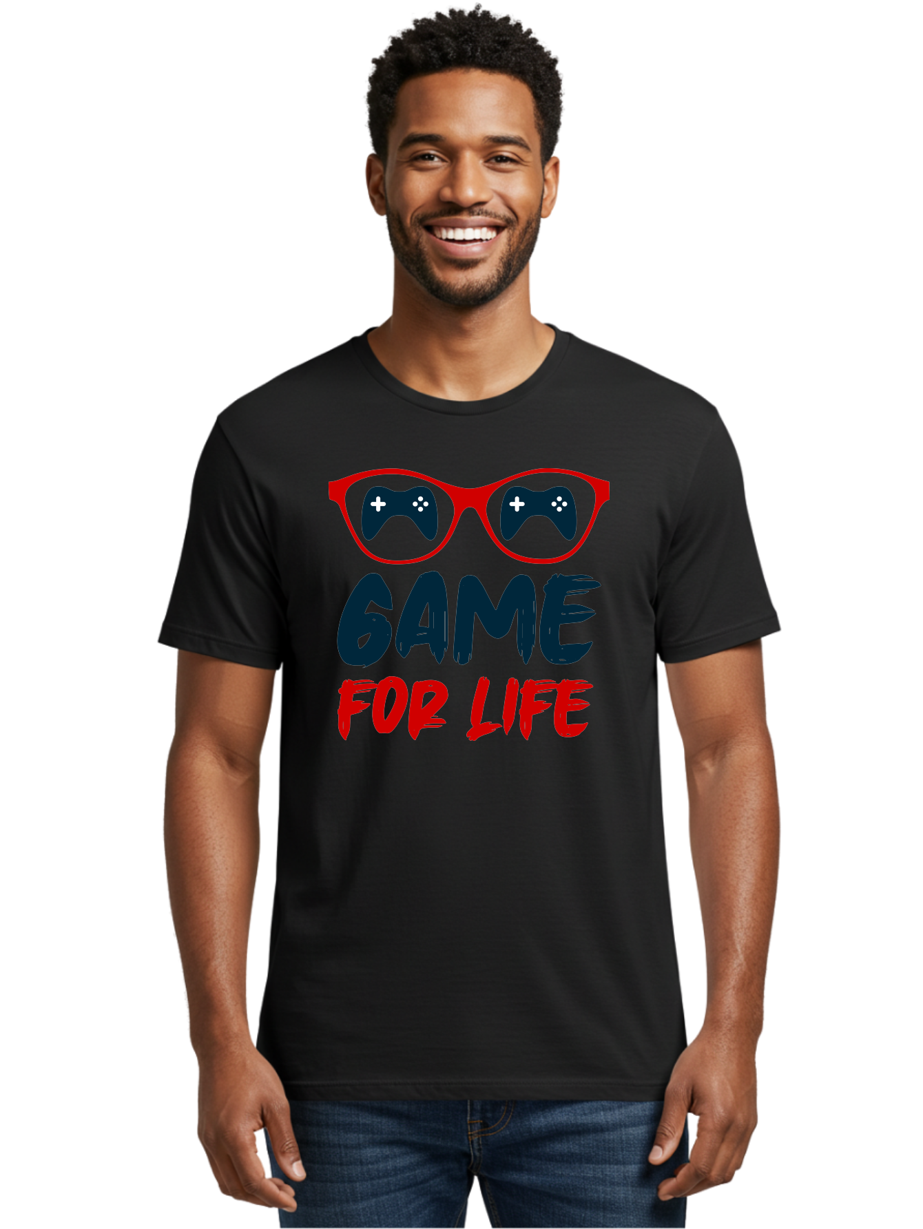 Game-For-Life Men'S Graphic Tee, 100% Cotton, Comfortable Casual Summer Wear, Machine Washable, Gaming Culture, Game Controllers, Video Games, Gamer Lifestyle, Game For Life, Gaming Community, Fun, Entertainment, Red Glasses - Aaa630