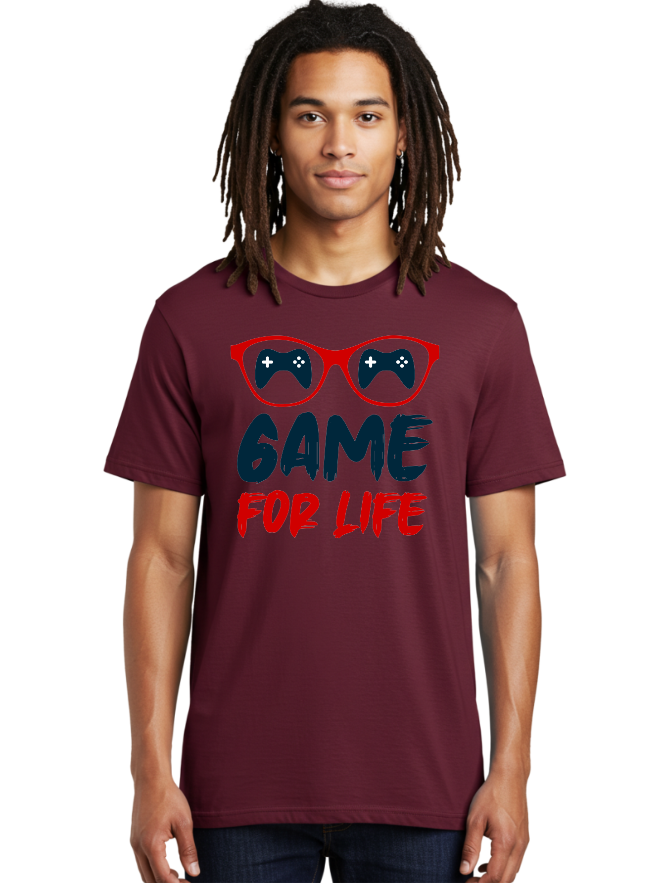 Game-For-Life Men'S Graphic Tee, 100% Cotton, Comfortable Casual Summer Wear, Machine Washable, Gaming Culture, Game Controllers, Video Games, Gamer Lifestyle, Game For Life, Gaming Community, Fun, Entertainment, Red Glasses - Aaa630