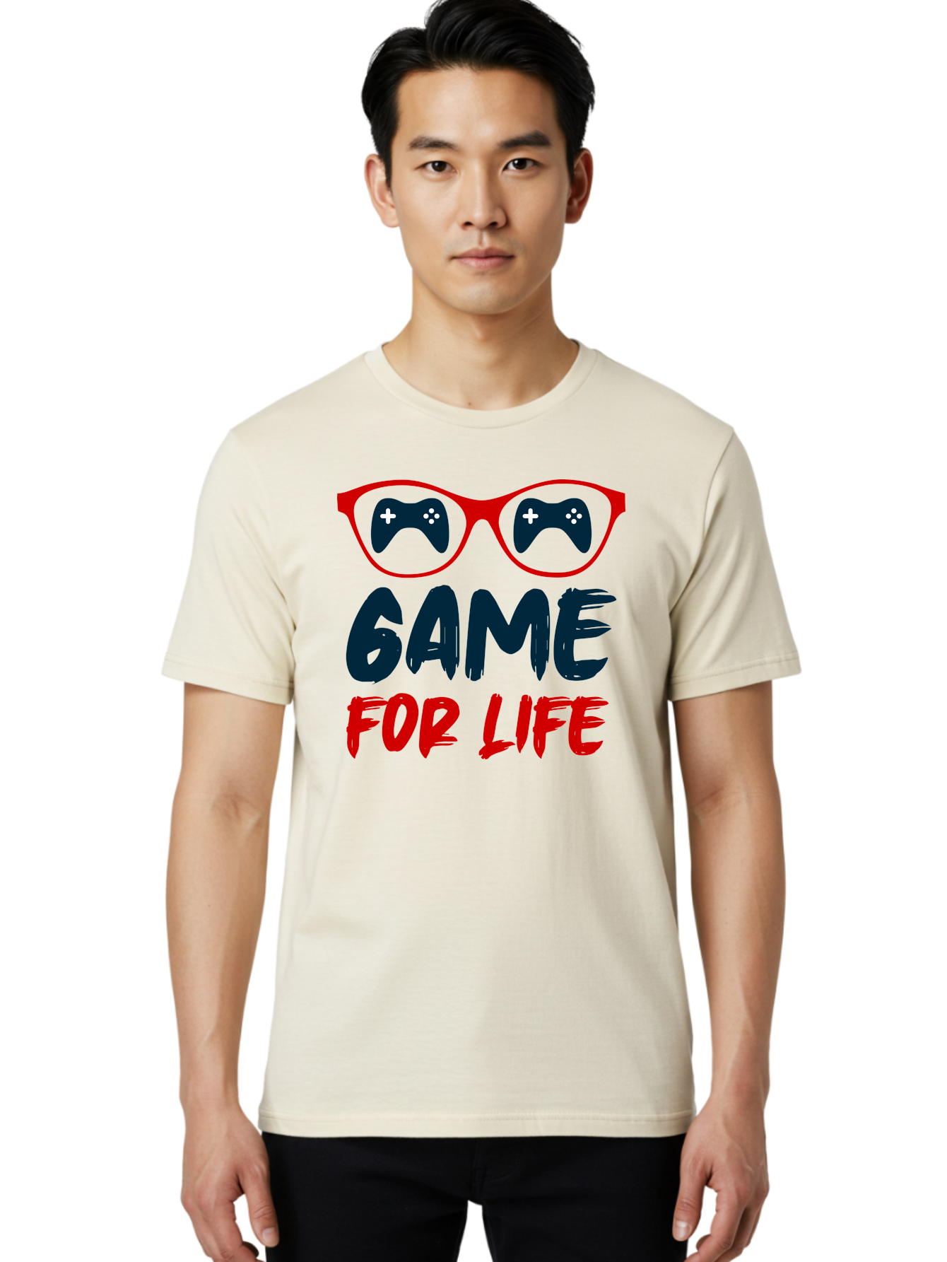 Game-For-Life Men'S Graphic Tee, 100% Cotton, Comfortable Casual Summer Wear, Machine Washable, Gaming Culture, Game Controllers, Video Games, Gamer Lifestyle, Game For Life, Gaming Community, Fun, Entertainment, Red Glasses - Aaa630