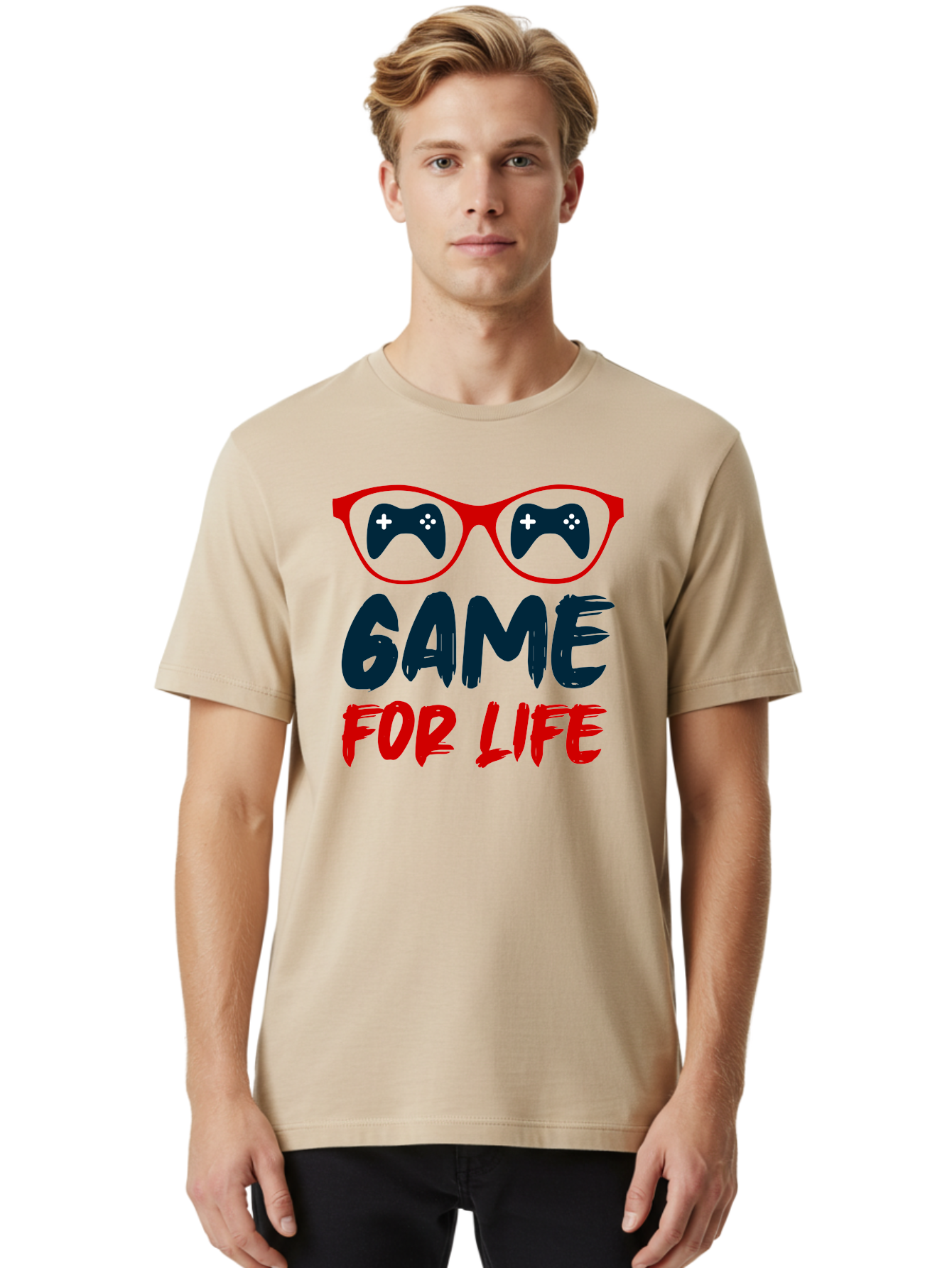Game-For-Life Men'S Graphic Tee, 100% Cotton, Comfortable Casual Summer Wear, Machine Washable, Gaming Culture, Game Controllers, Video Games, Gamer Lifestyle, Game For Life, Gaming Community, Fun, Entertainment, Red Glasses - Aaa630