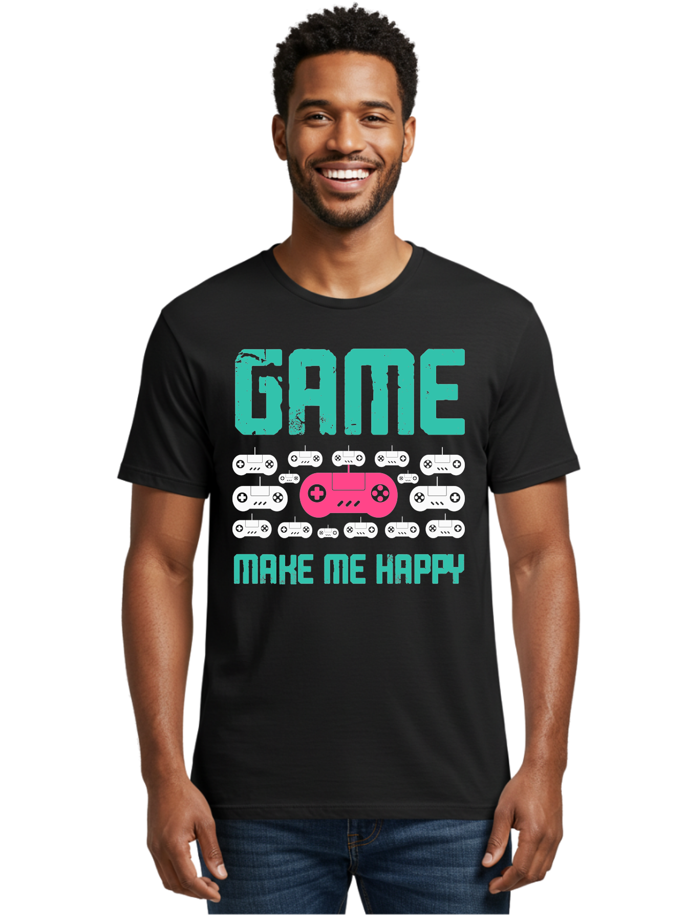 Game-Make-Me-Happy Men'S Graphic Tee, 100% Cotton, Comfortable Casual Summer Wear, Machine Washable, Gaming Controller, Gamepad, Video Games, Gaming Accessories, Positive Vibes, Happiness, Gaming, Make Me Happy - Aaa631