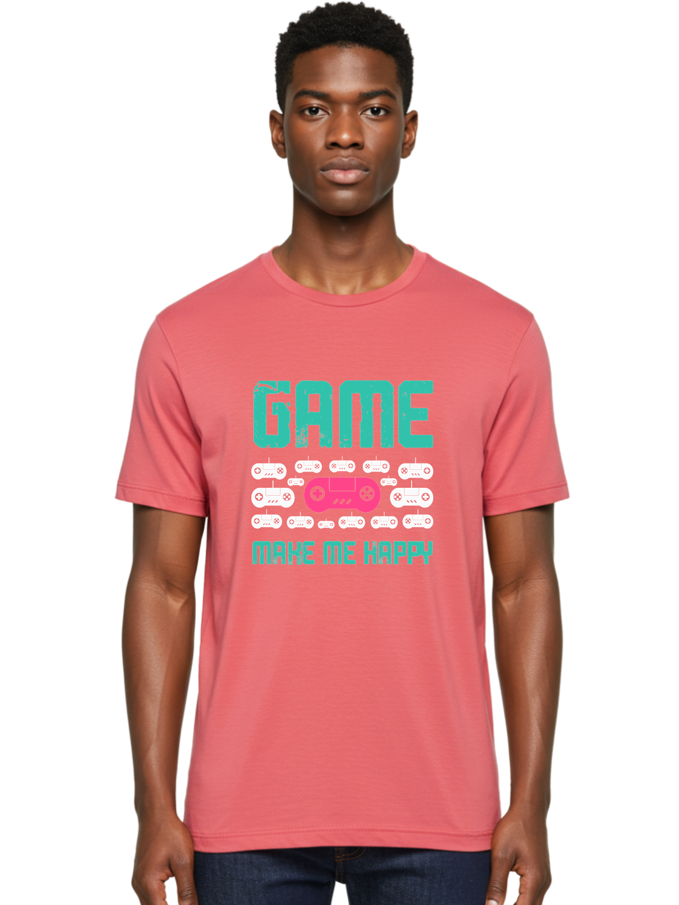 Game-Make-Me-Happy Men'S Graphic Tee, 100% Cotton, Comfortable Casual Summer Wear, Machine Washable, Gaming Controller, Gamepad, Video Games, Gaming Accessories, Positive Vibes, Happiness, Gaming, Make Me Happy - Aaa631
