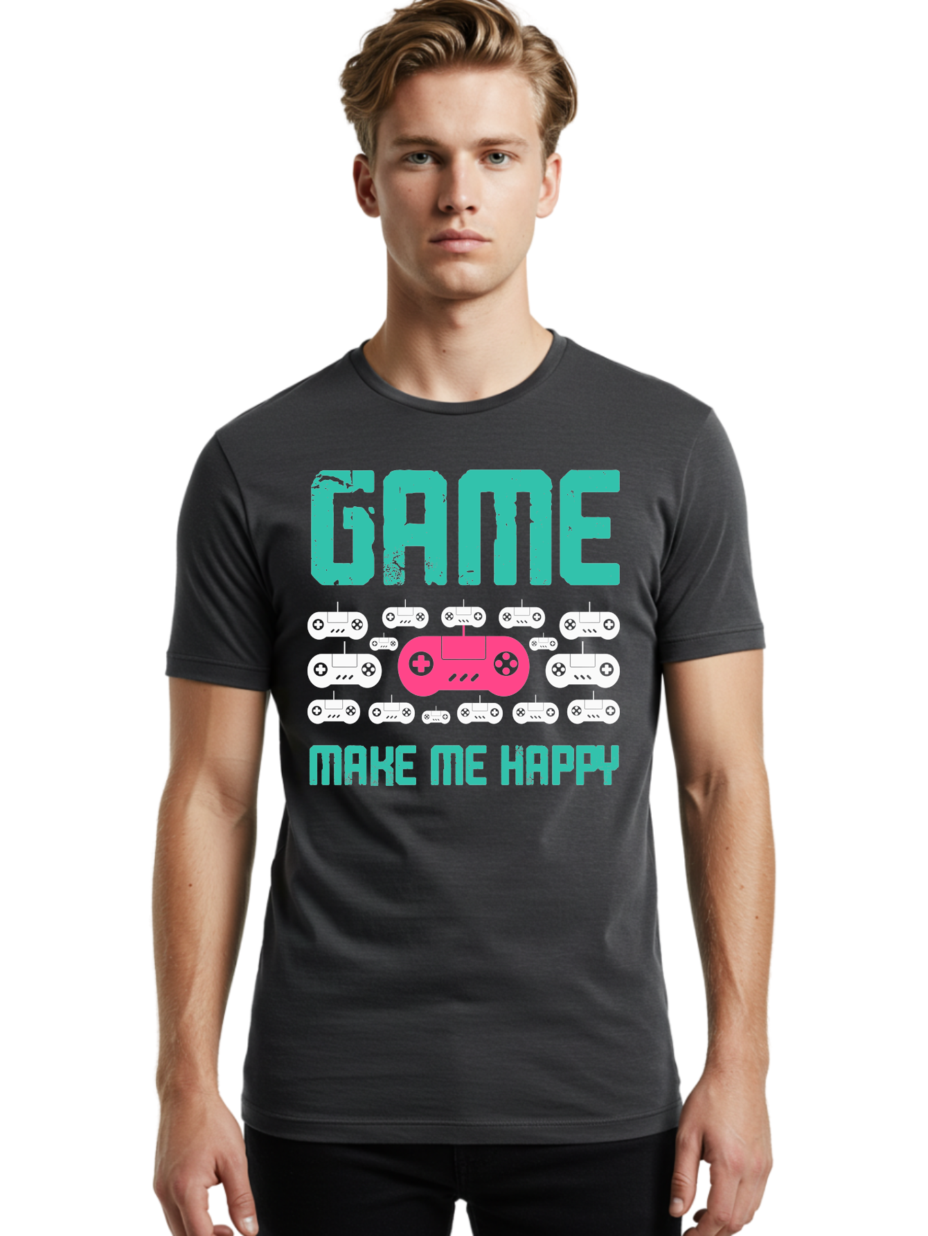 Game-Make-Me-Happy Men'S Graphic Tee, 100% Cotton, Comfortable Casual Summer Wear, Machine Washable, Gaming Controller, Gamepad, Video Games, Gaming Accessories, Positive Vibes, Happiness, Gaming, Make Me Happy - Aaa631